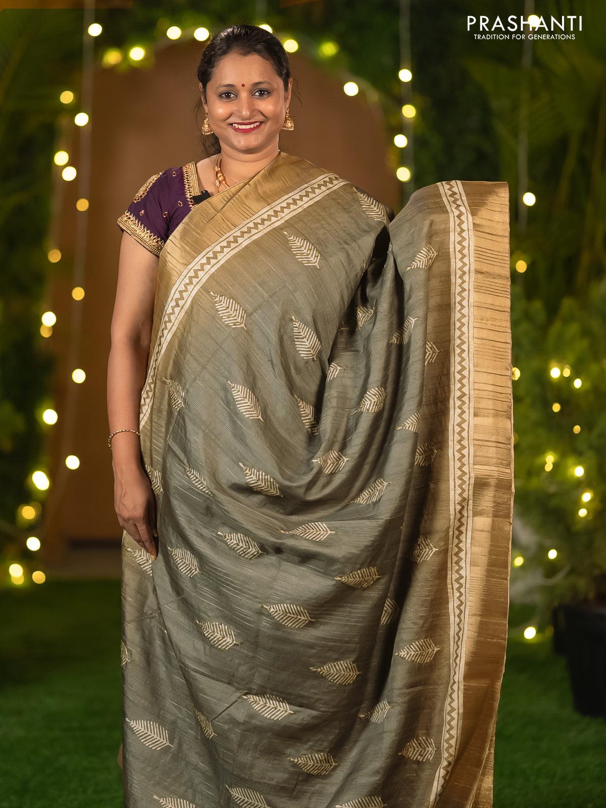 Semi matka saree grey shade and rust shade with leaf butta prints & french knot work and zari woven border - Image 2