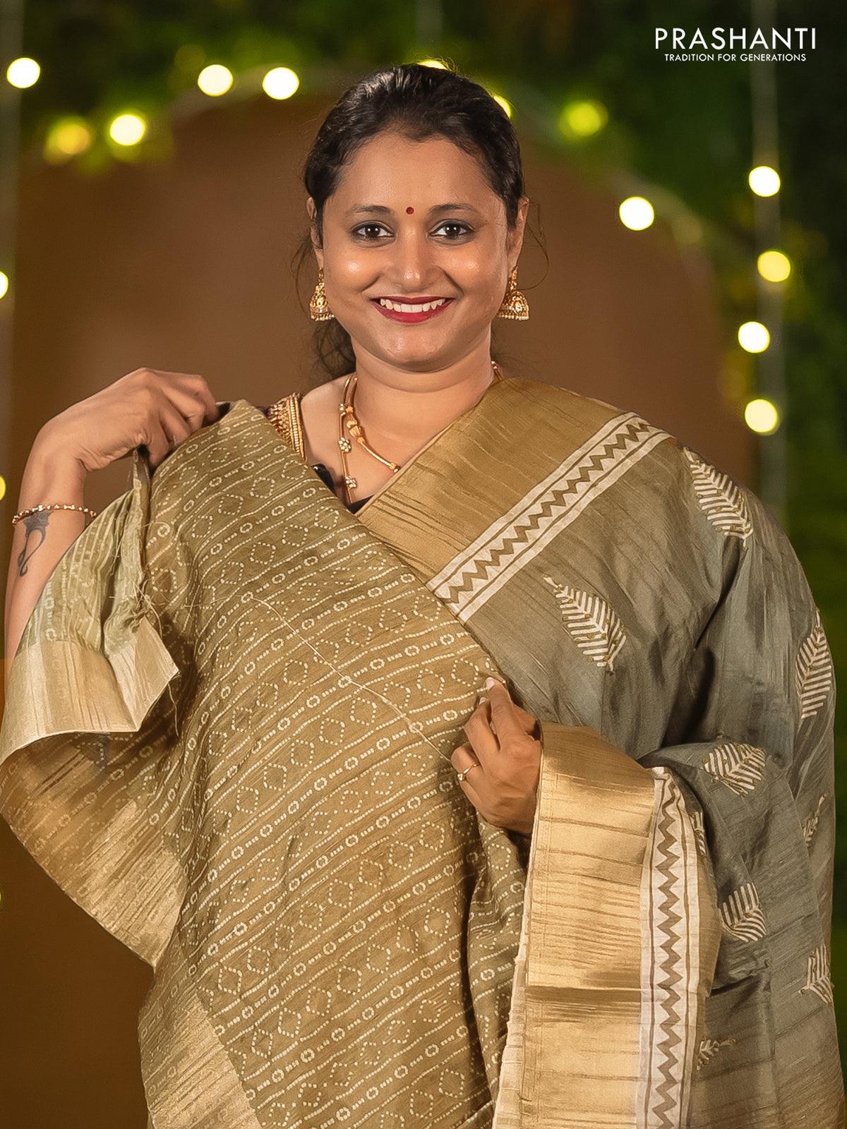 Semi matka saree grey shade and rust shade with leaf butta prints & french knot work and zari woven border - Image 3