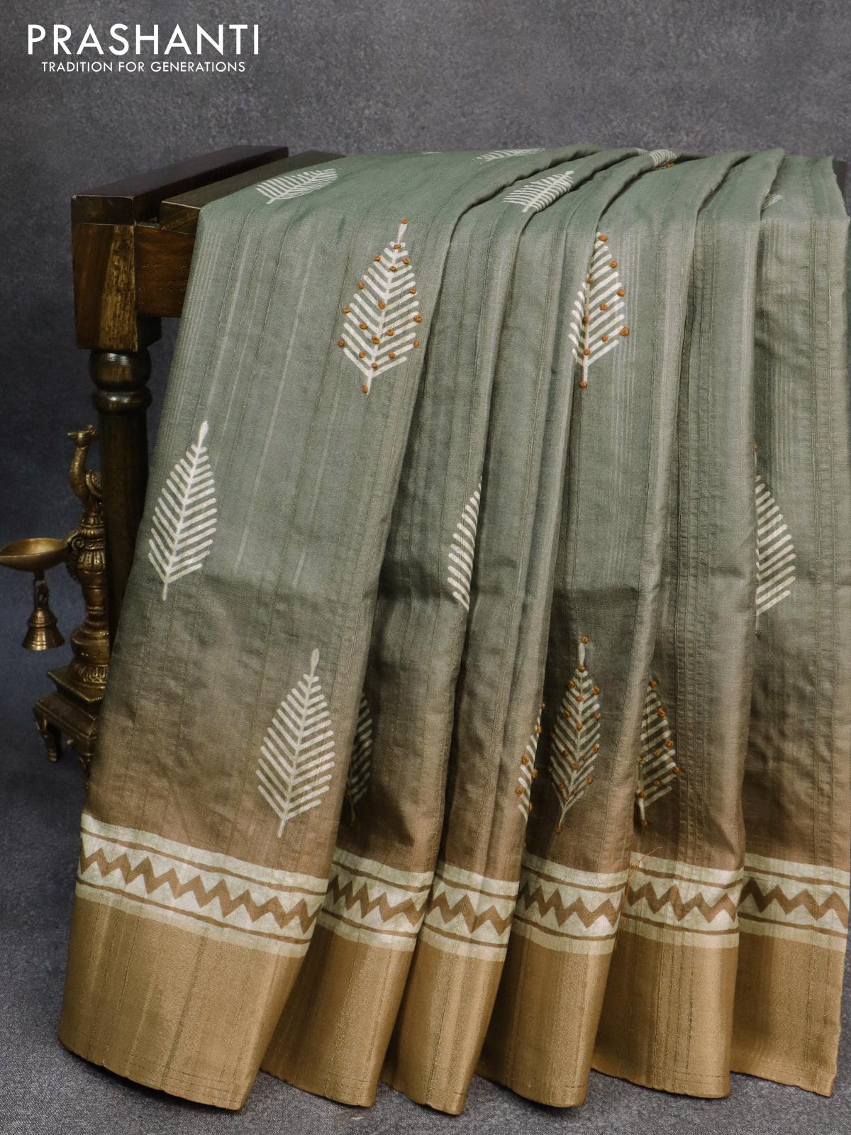 Semi matka saree grey shade and rust shade with leaf butta prints & french knot work and zari woven border - Image 4
