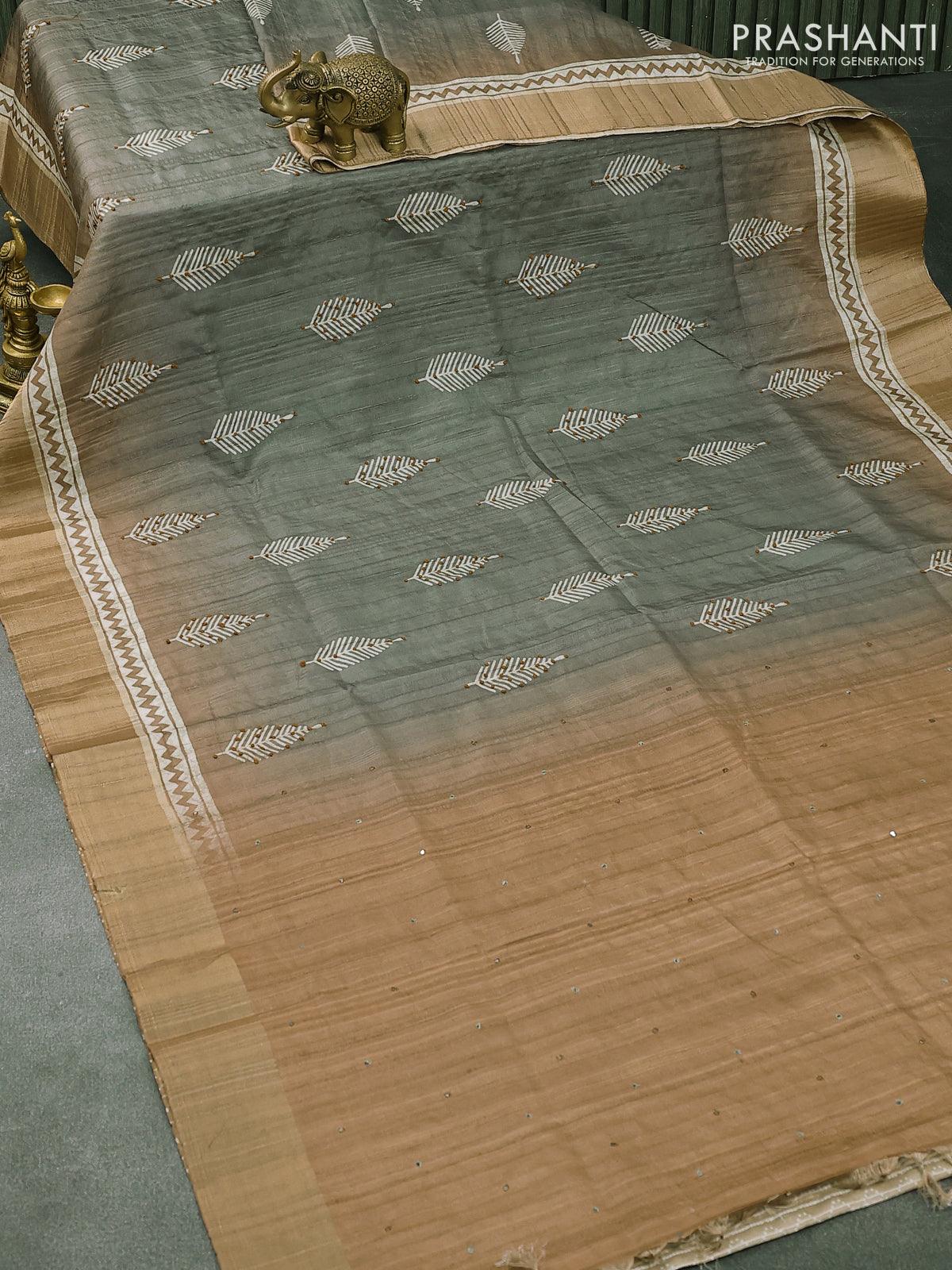 Semi matka saree grey shade and rust shade with leaf butta prints & french knot work and zari woven border - Image 5