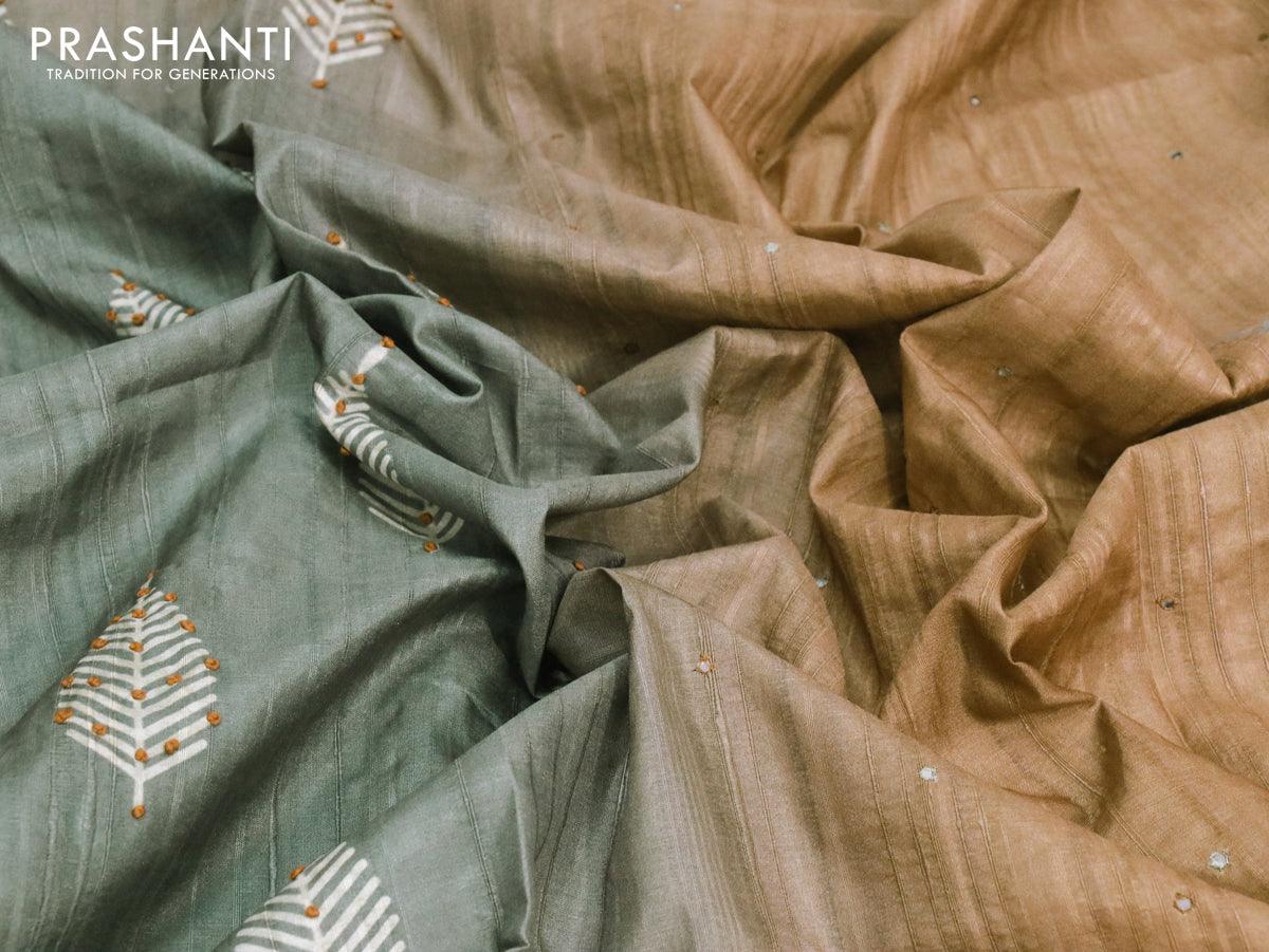 Semi matka saree grey shade and rust shade with leaf butta prints & french knot work and zari woven border - Image 6