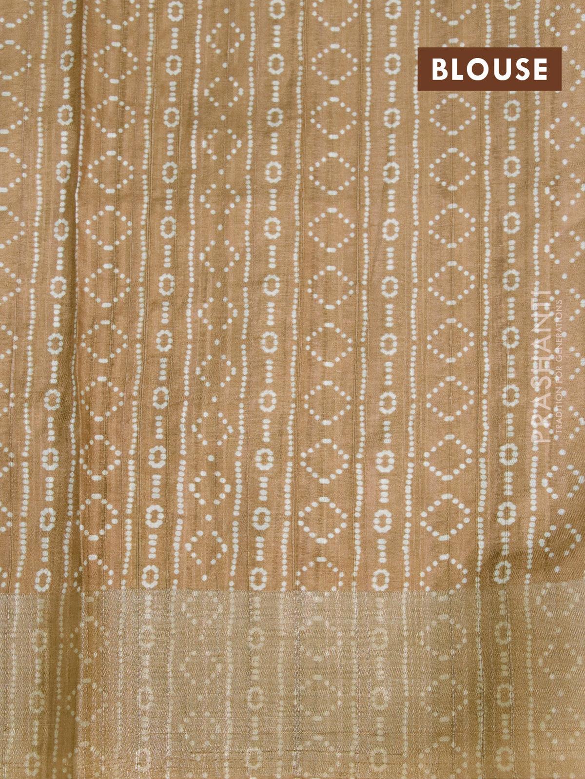 Semi matka saree grey shade and rust shade with leaf butta prints & french knot work and zari woven border - Image 7