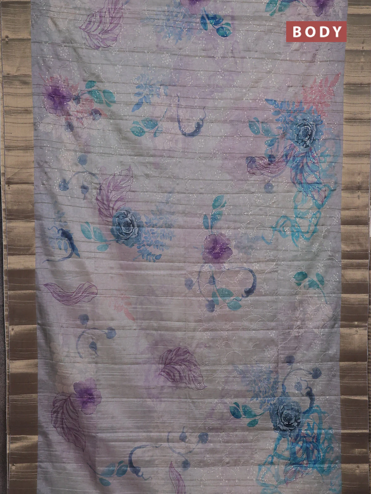 Semi matka saree grey with allover floral prints & sequence work and zari woven border - Image 2