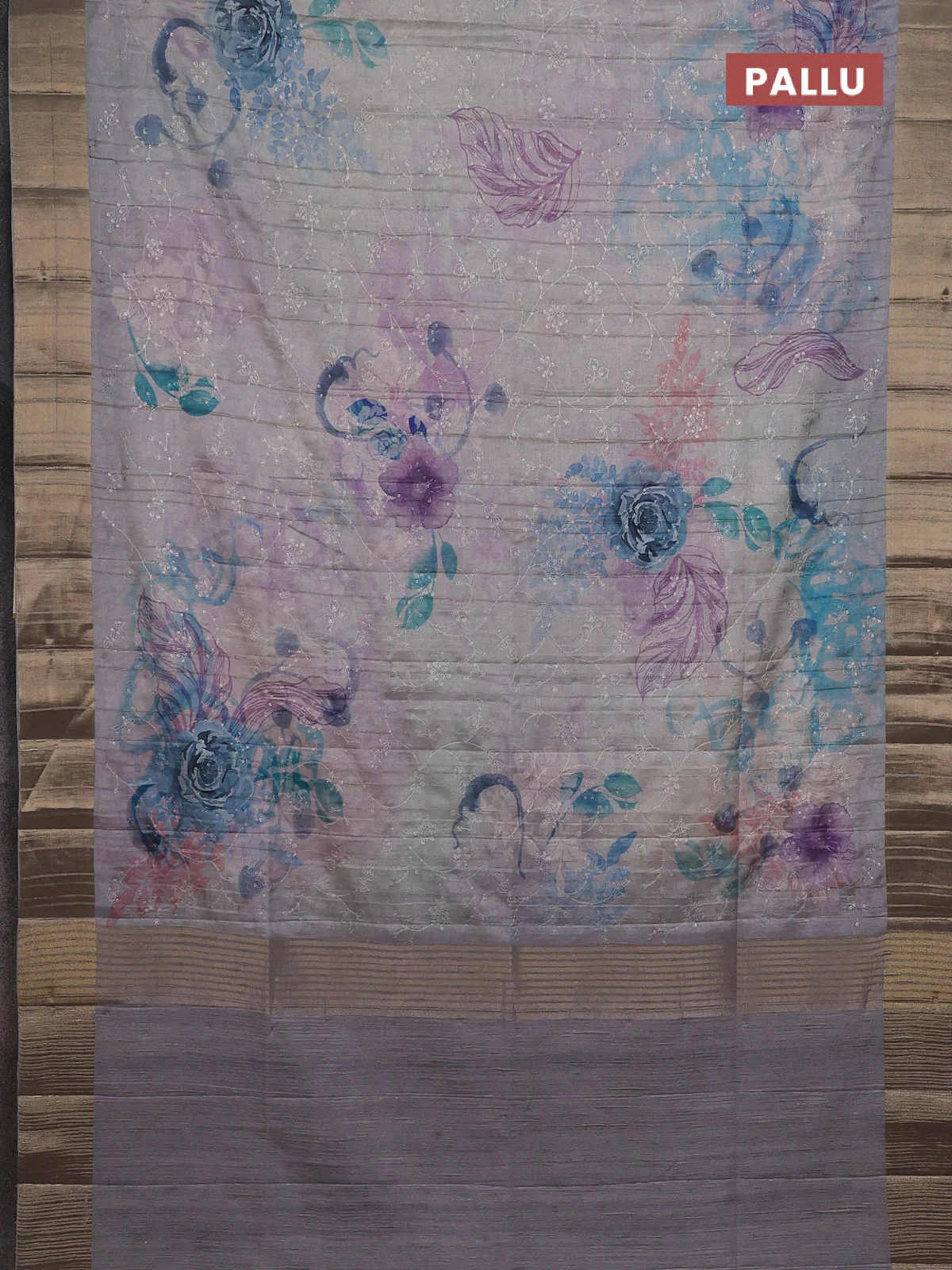 Semi matka saree grey with allover floral prints & sequence work and zari woven border - Image 3