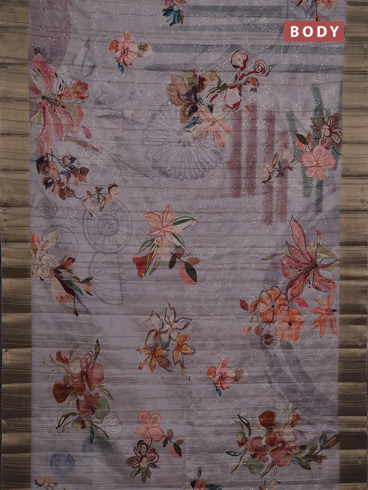 Semi matka saree grey with allover floral prints & sequence work and zari woven border - Image 2