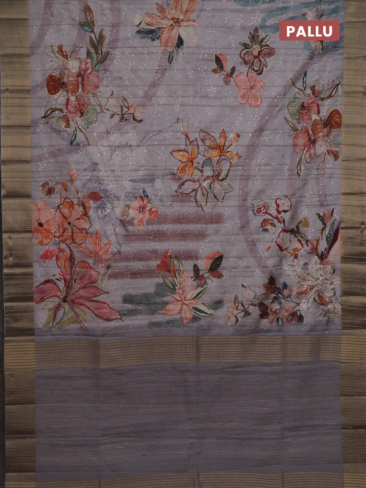 Semi matka saree grey with allover floral prints & sequence work and zari woven border - Image 3