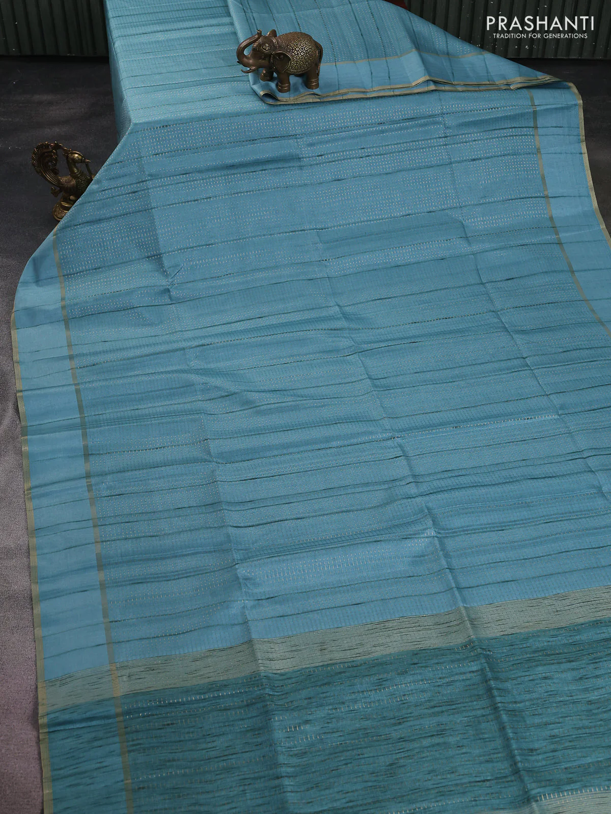 Semi matka saree light blue with allover zari weaves and rettapet zari woven border - Image 2