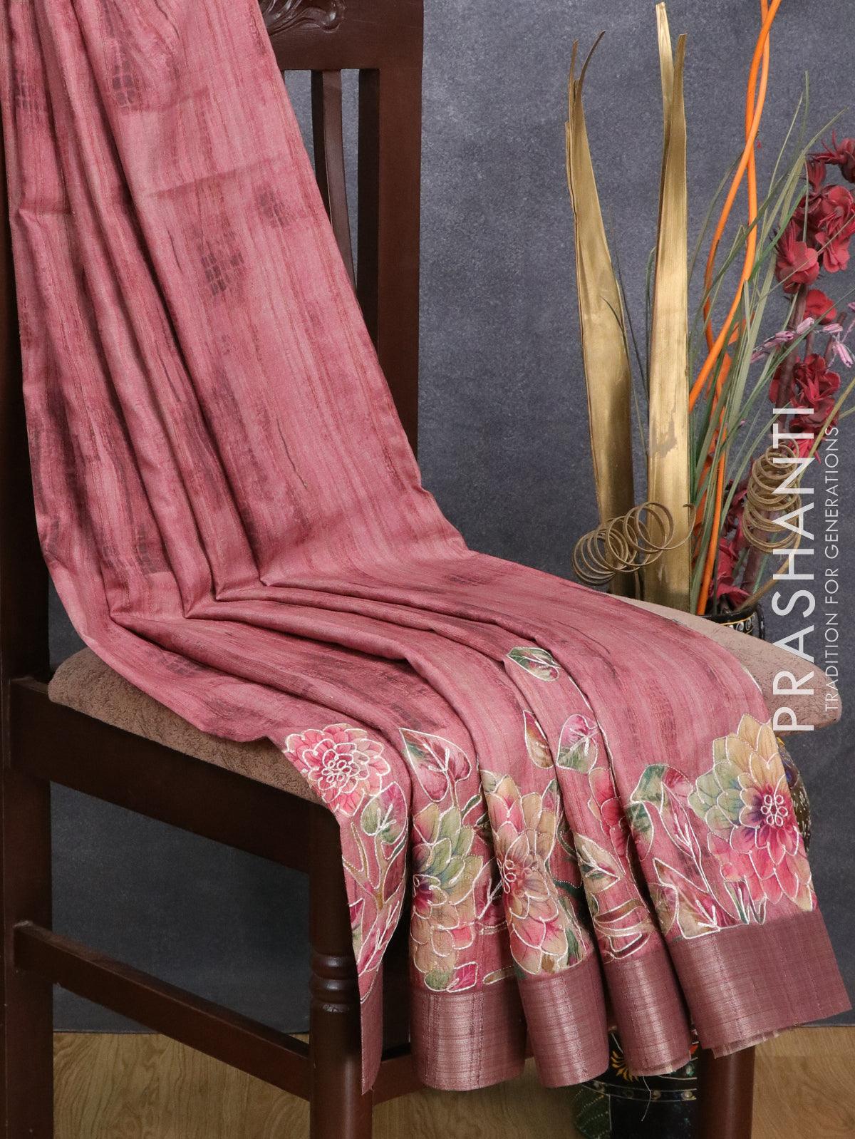 Semi matka saree maroon shade with allover floral prints embroidery work and zari woven border - Image 2