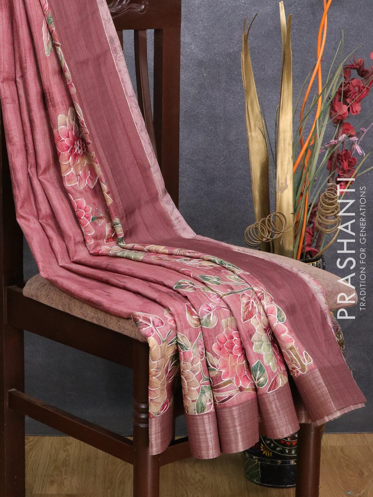 Semi matka saree maroon shade with allover floral prints embroidery work and zari woven border - Image 3