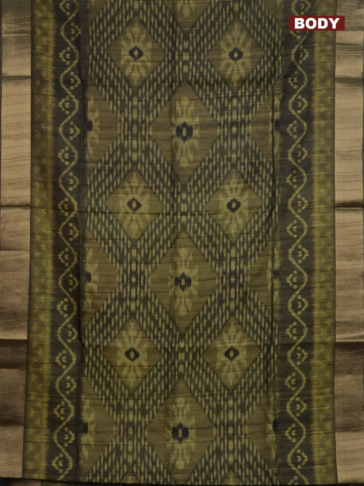 Semi matka saree mehendi green with allover ikat prints and zari woven border - Image 2