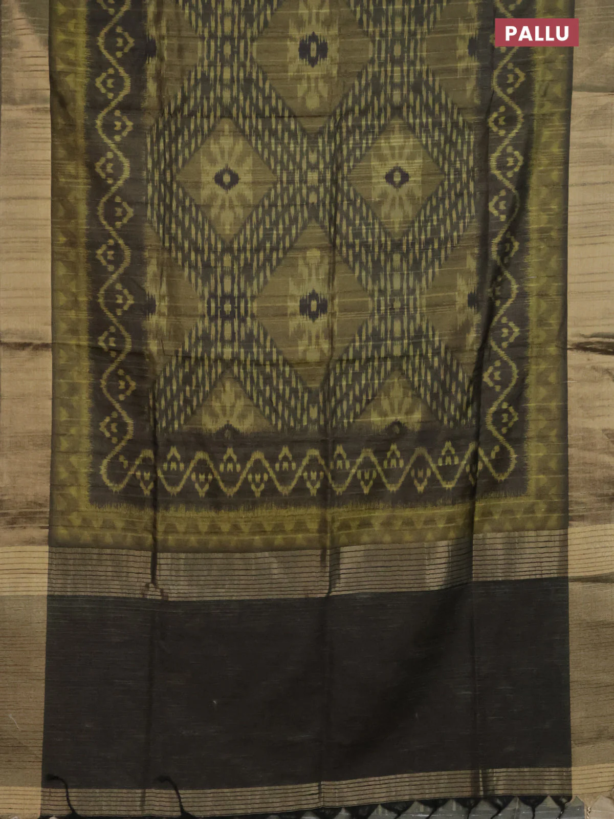Semi matka saree mehendi green with allover ikat prints and zari woven border - Image 3