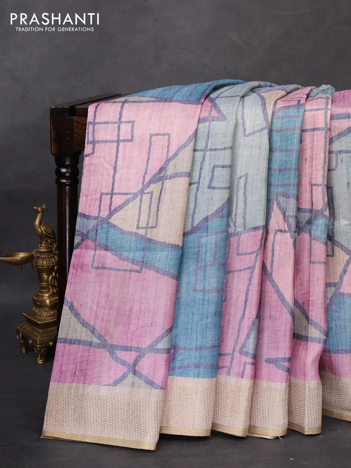 Semi matka saree multi colour and beige with allover geometric prints and zari woven border - Image 2