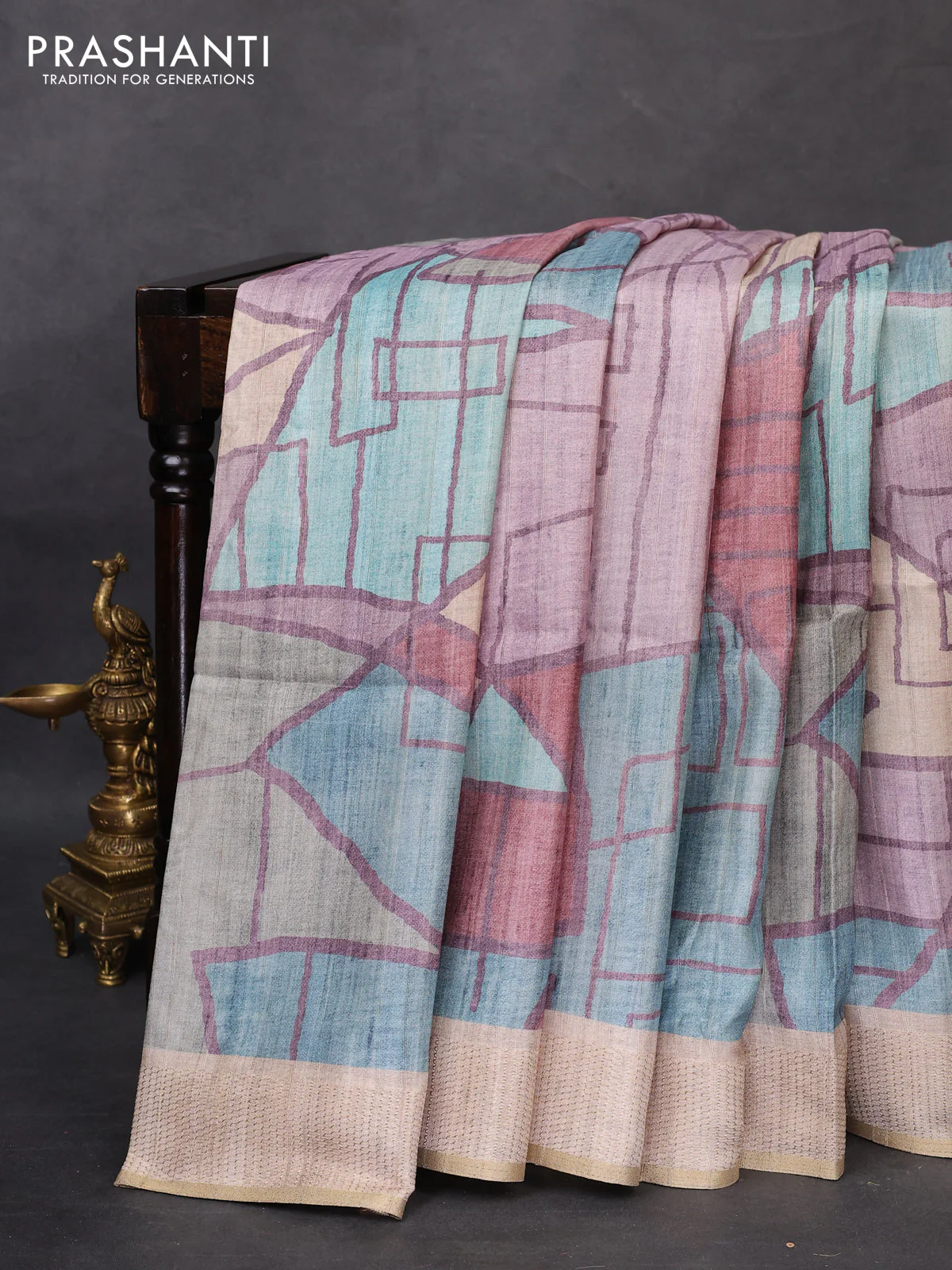 Semi matka saree multi colour and beige with allover geometric prints and zari woven border - Image 2
