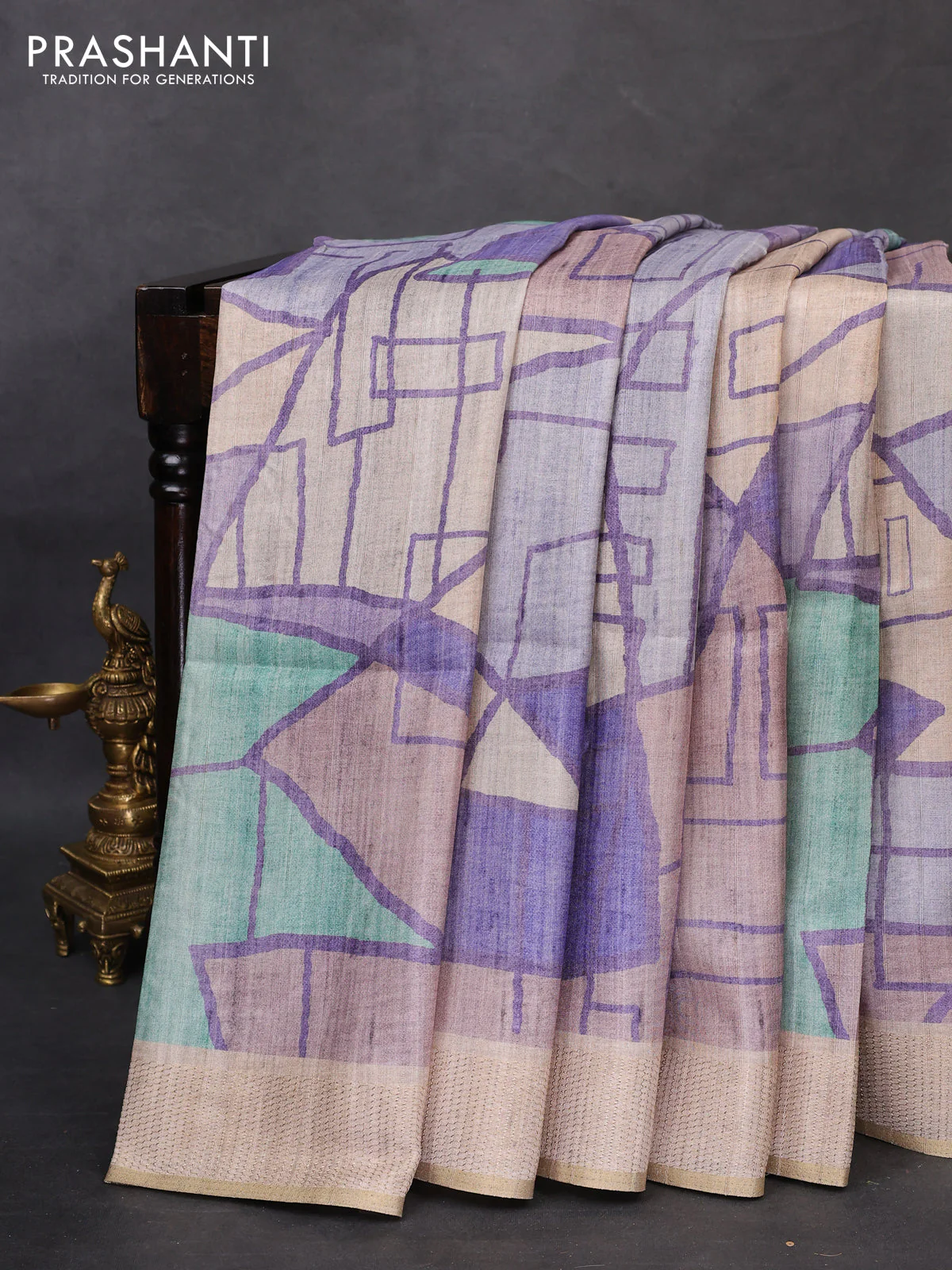 Semi matka saree multi colour and beige with allover geometric prints and zari woven border - Image 2