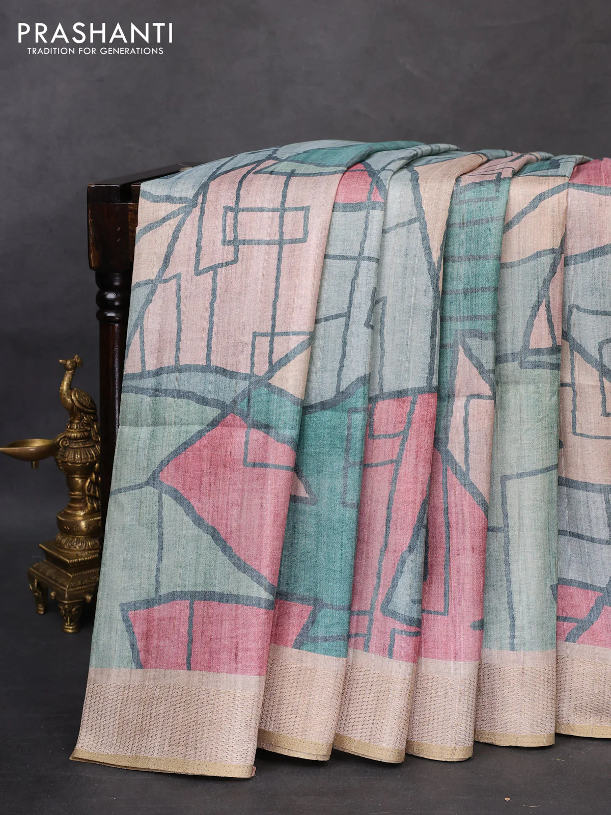 Semi matka saree multi colour and beige with allover geometric prints and zari woven border - Image 2