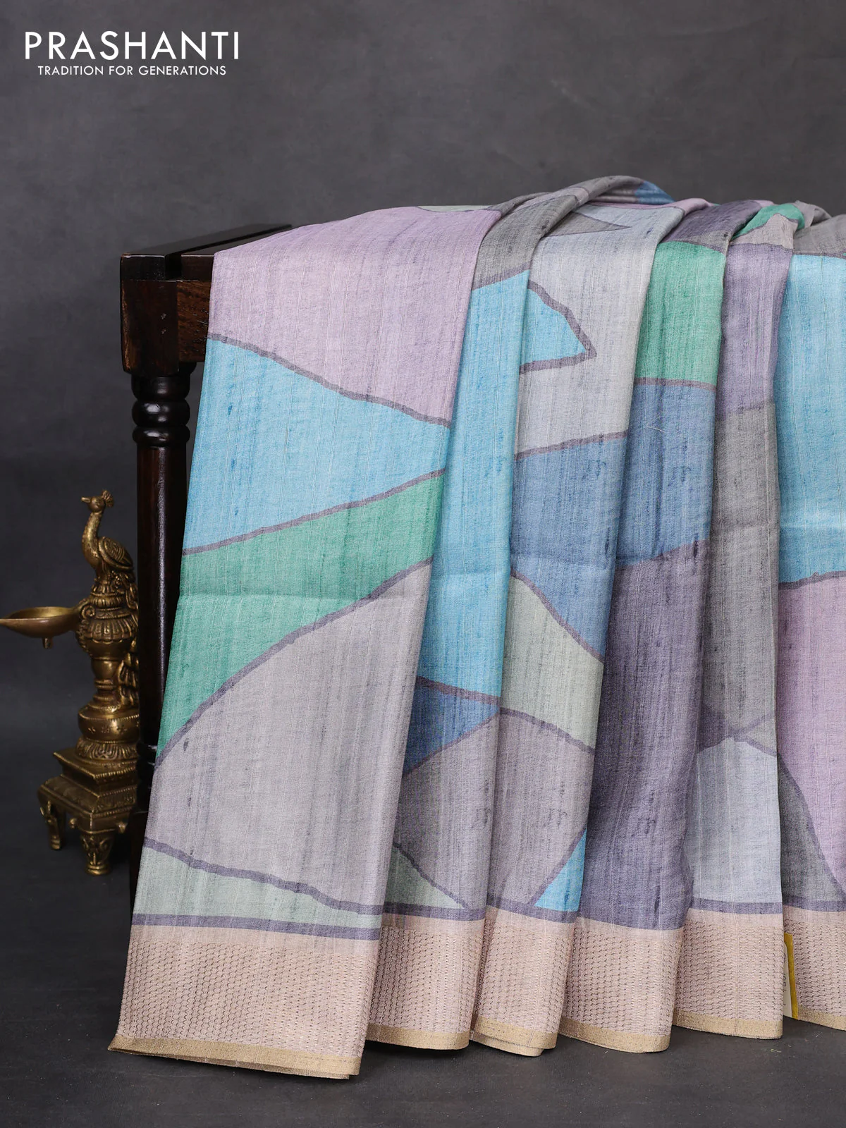 Semi matka saree multi colour green shade and beige with allover geometric prints and zari woven border - Image 2