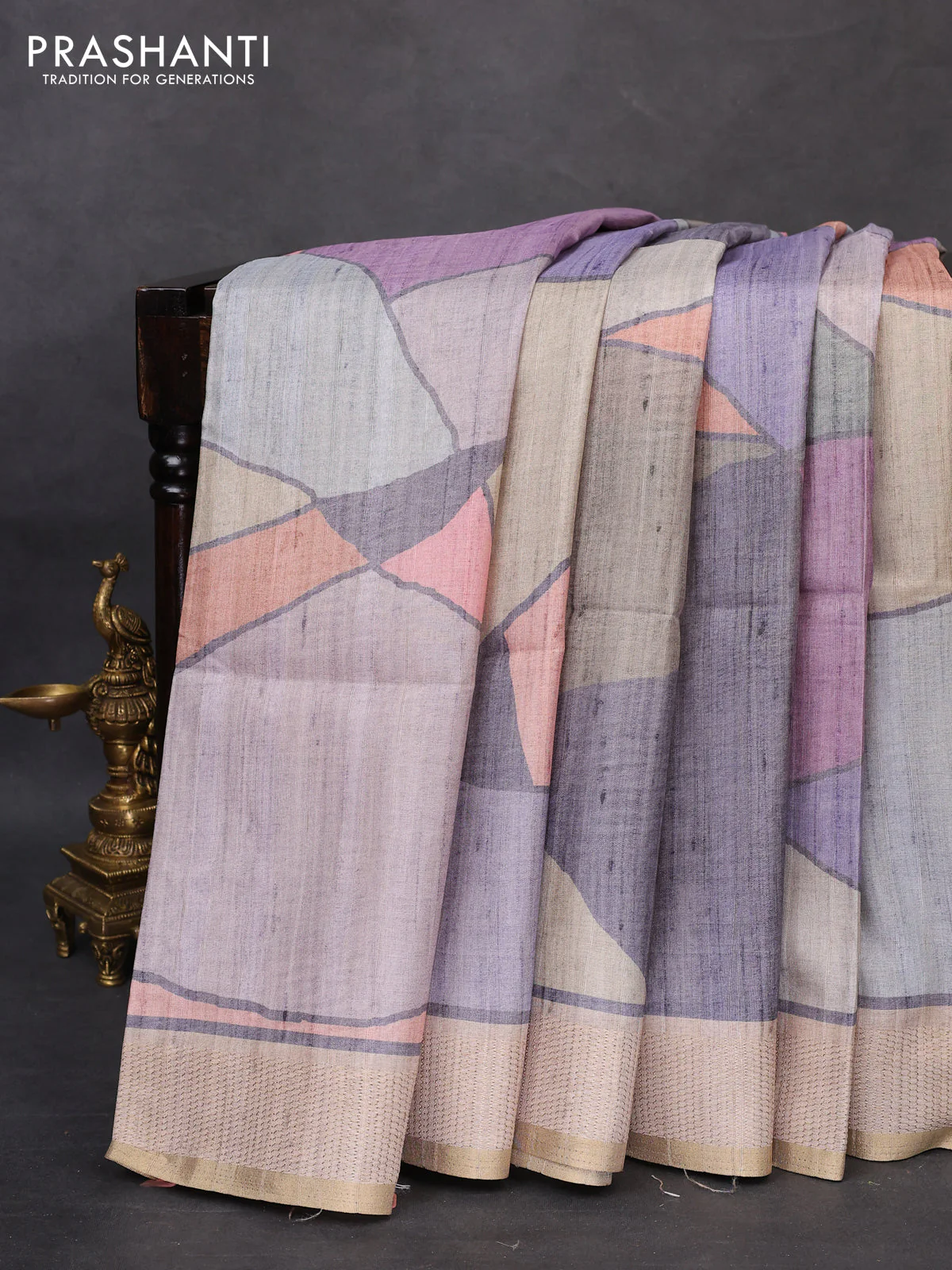 Semi matka saree multi colour pastel peach and beige with allover geometric prints and zari woven border - Image 2