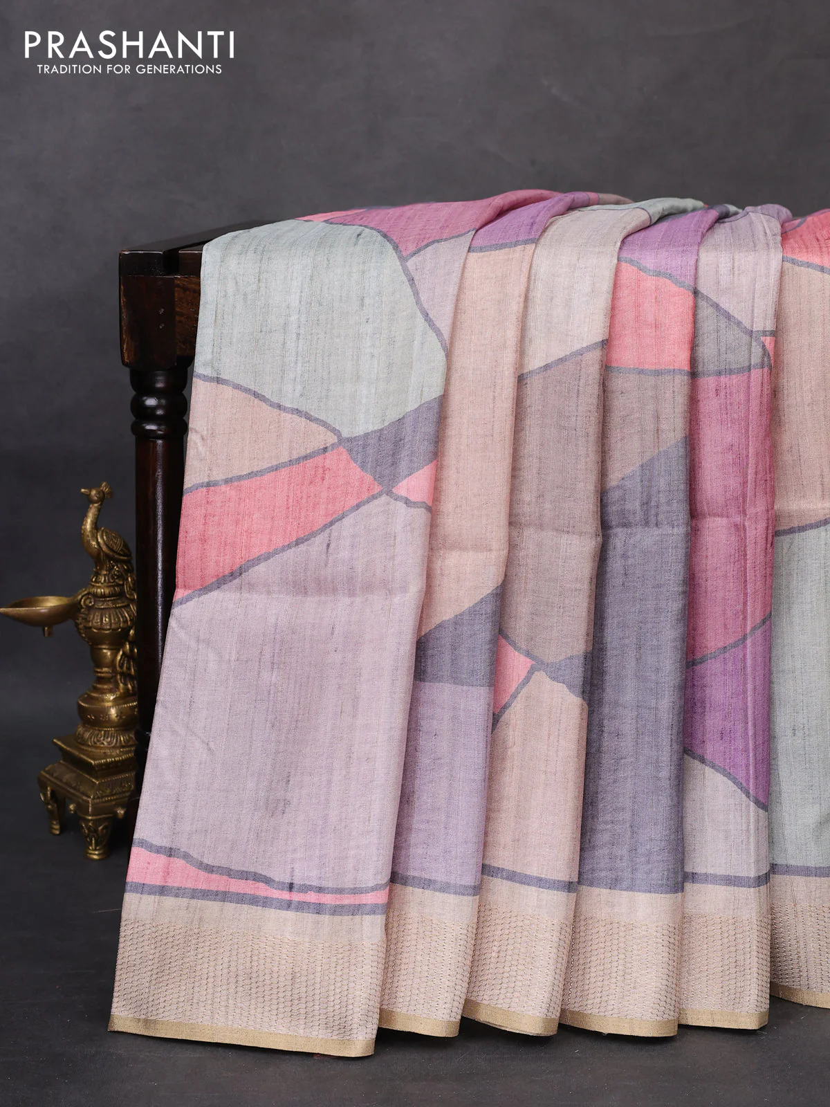 Semi matka saree multi colour peach pink and beige with allover geometric prints and zari woven border - Image 2