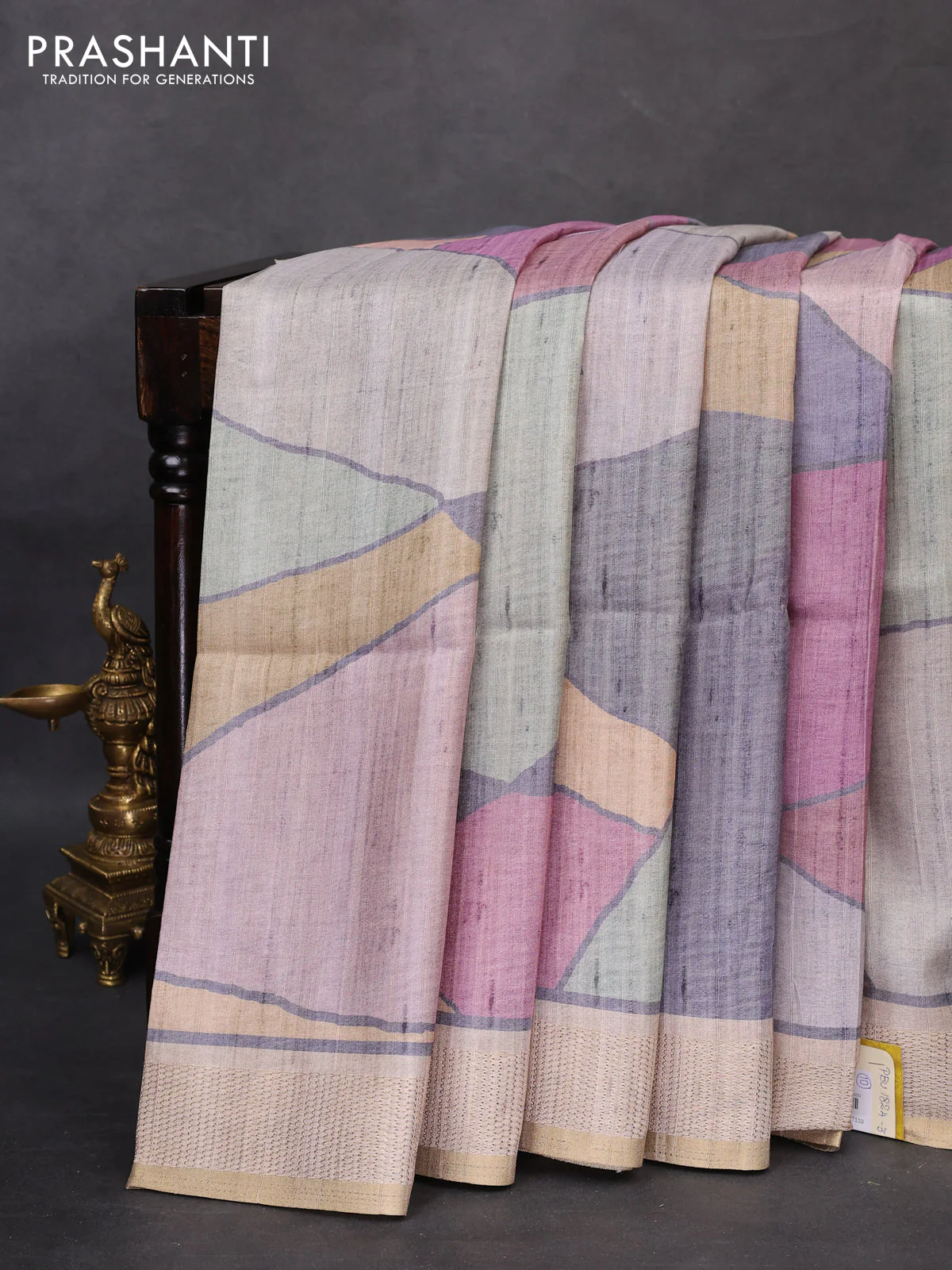Semi matka saree multi colour sandal and beige with allover geometric prints and zari woven border - Image 2