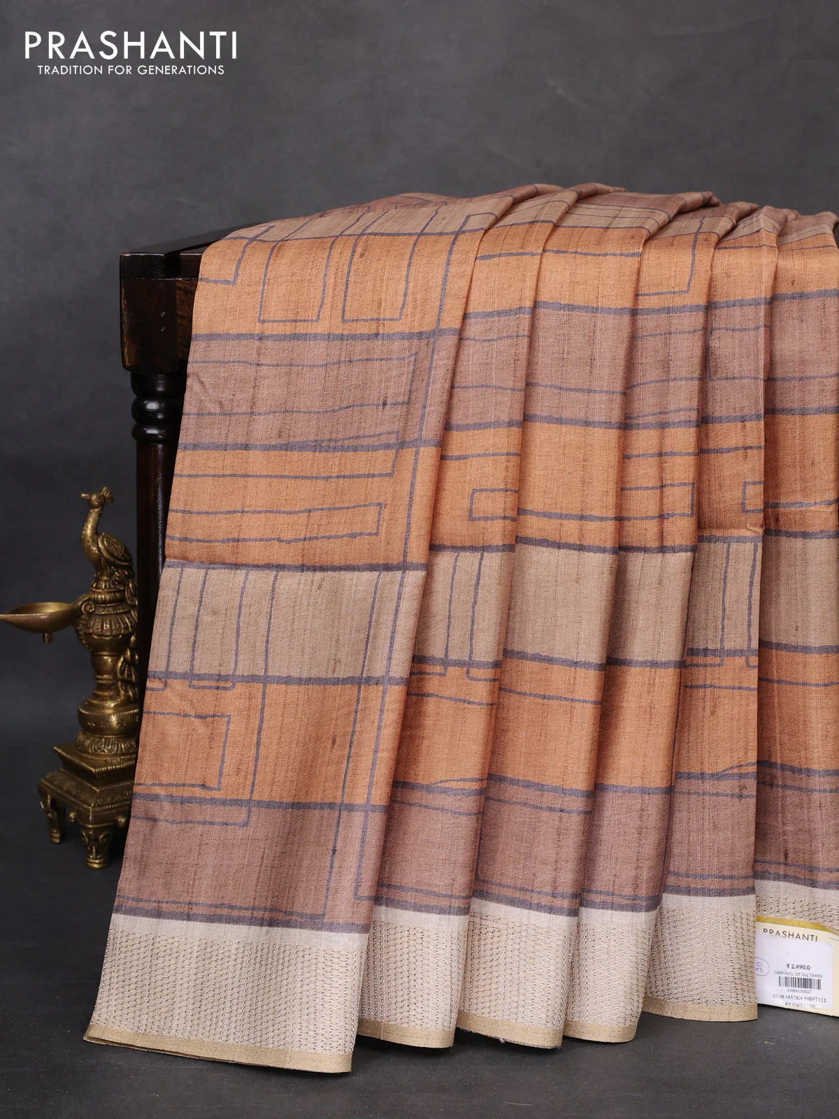 Semi matka saree mustard yellow and beige with allover geometric prints and zari woven border - Image 2