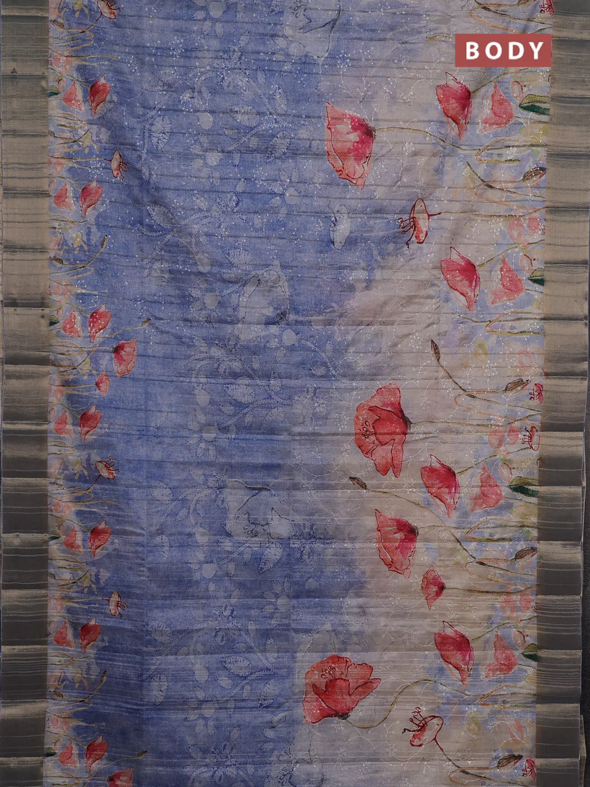 Semi matka saree pasel blue with allover floral prints & sequence work and zari woven border - Image 2