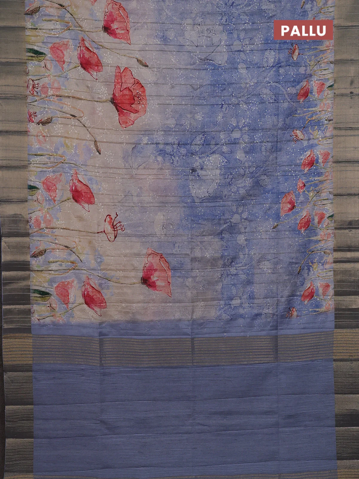 Semi matka saree pasel blue with allover floral prints & sequence work and zari woven border - Image 3