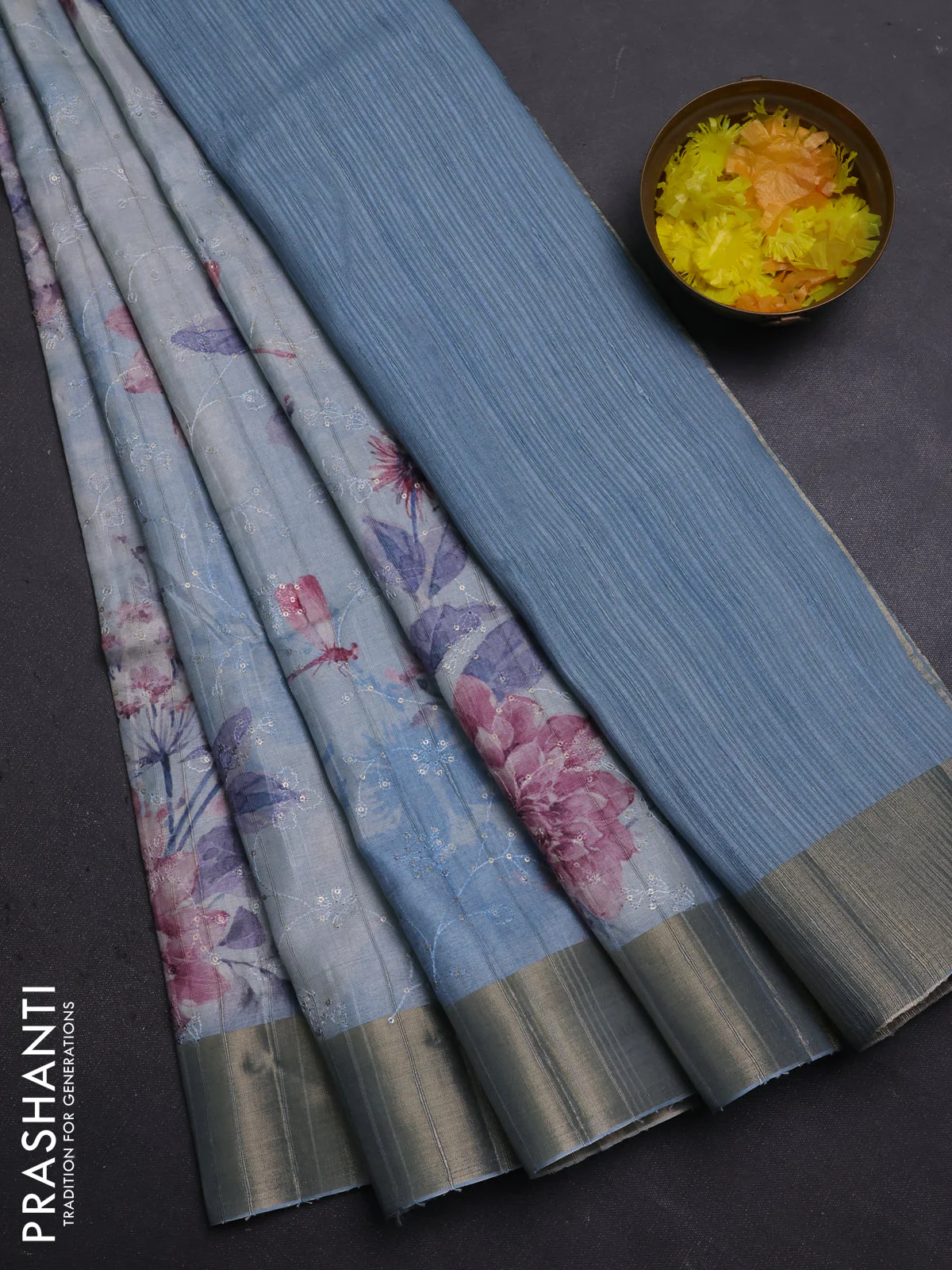 Semi matka saree pastel blue with allover floral prints & sequence work and zari woven border - Image 2
