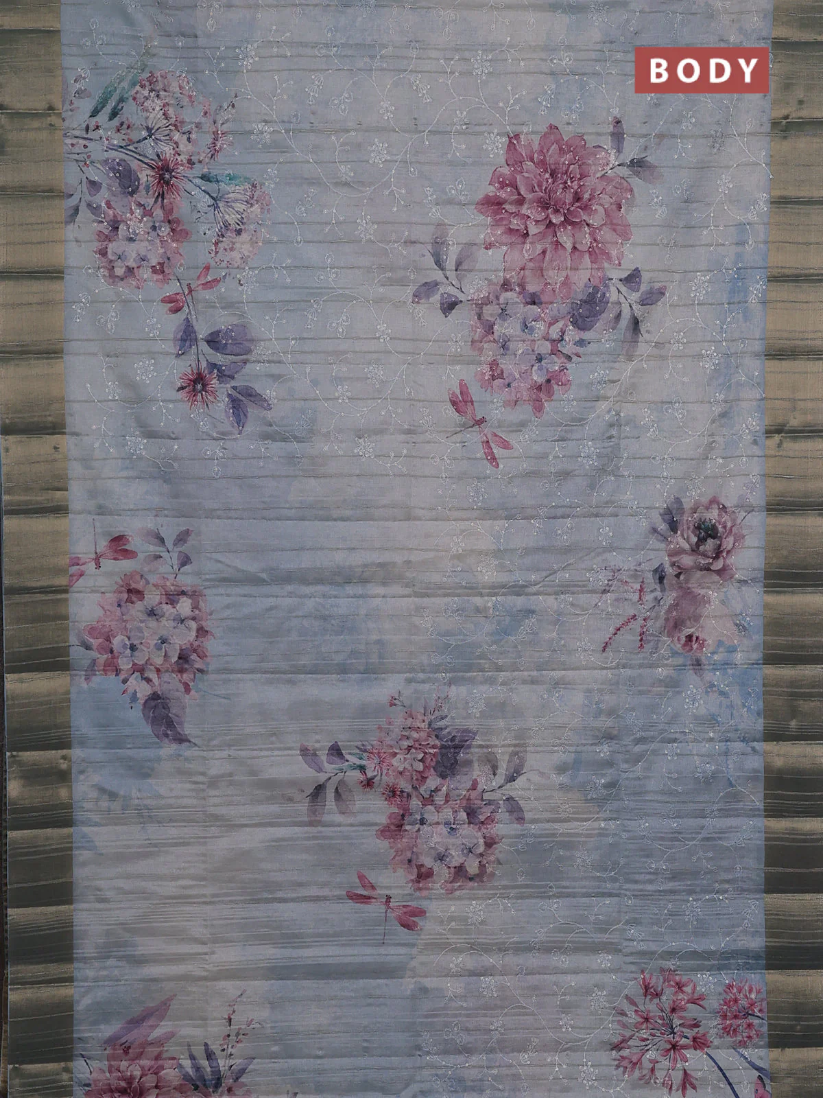 Semi matka saree pastel blue with allover floral prints & sequence work and zari woven border - Image 3