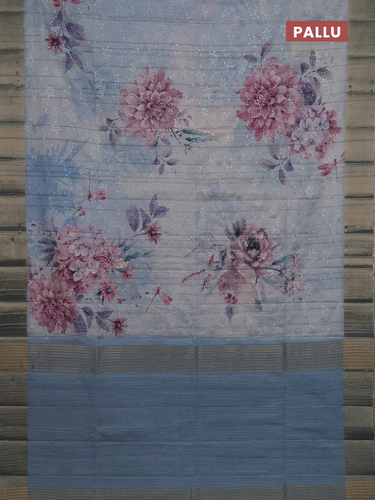 Semi matka saree pastel blue with allover floral prints & sequence work and zari woven border - Image 4