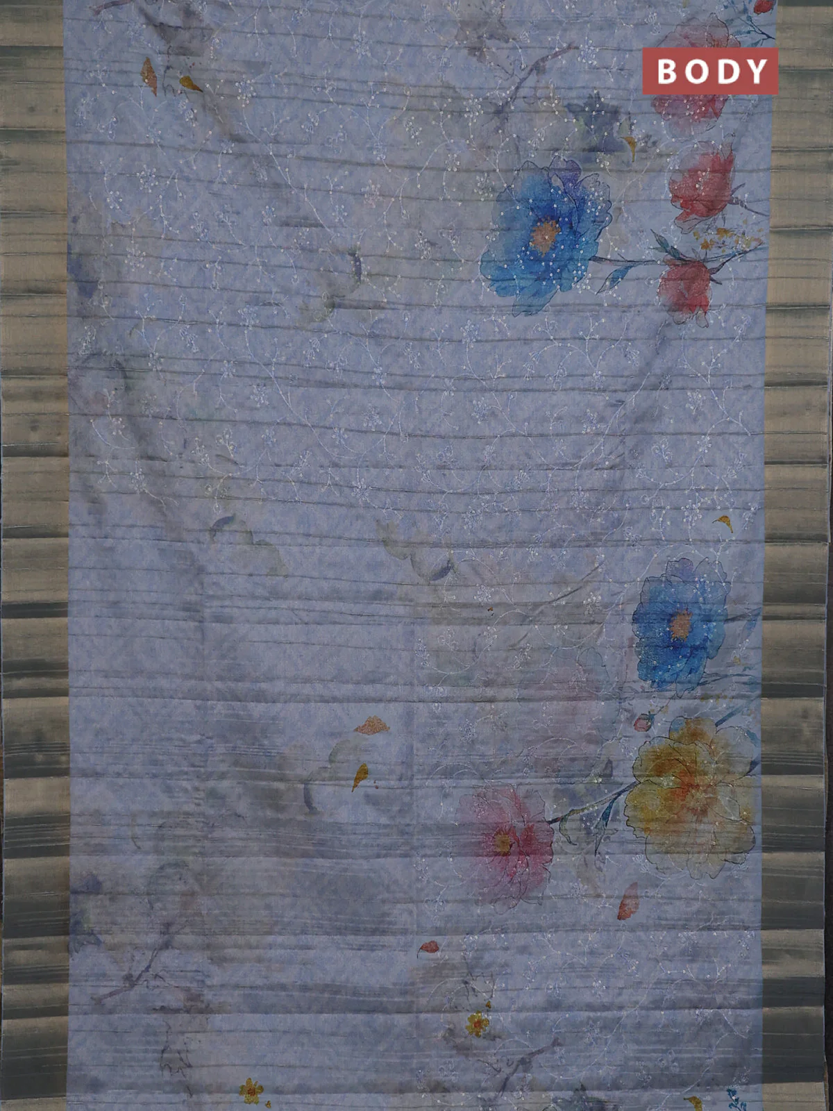 Semi matka saree pastel blue with allover floral prints & sequence work and zari woven border - Image 2