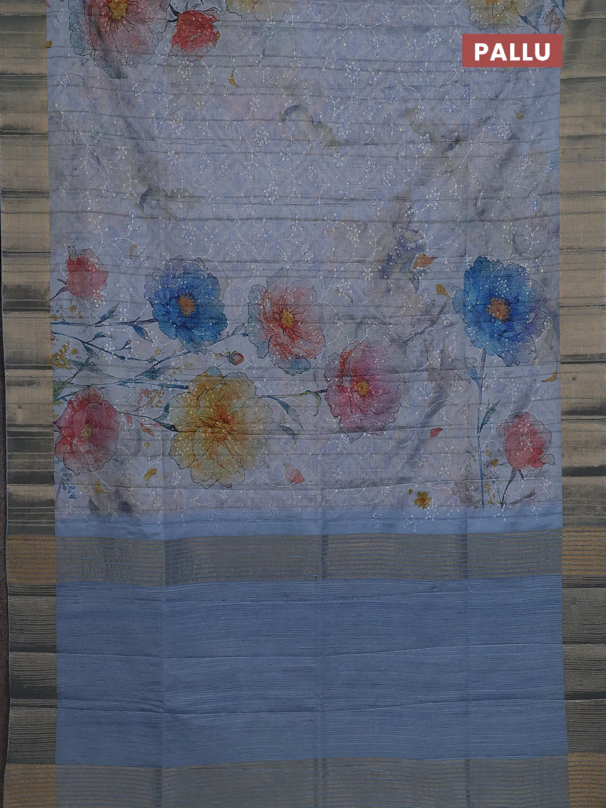 Semi matka saree pastel blue with allover floral prints & sequence work and zari woven border - Image 3