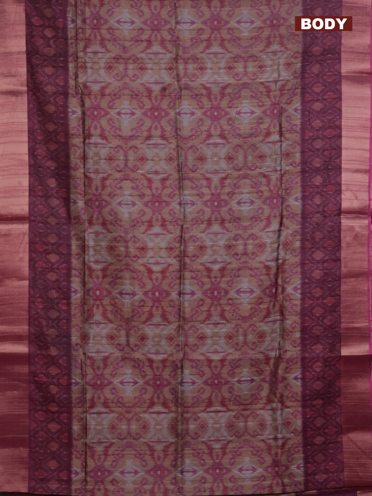 Semi matka saree pastel brown and pink with allover ikat prints and zari woven border - Image 2