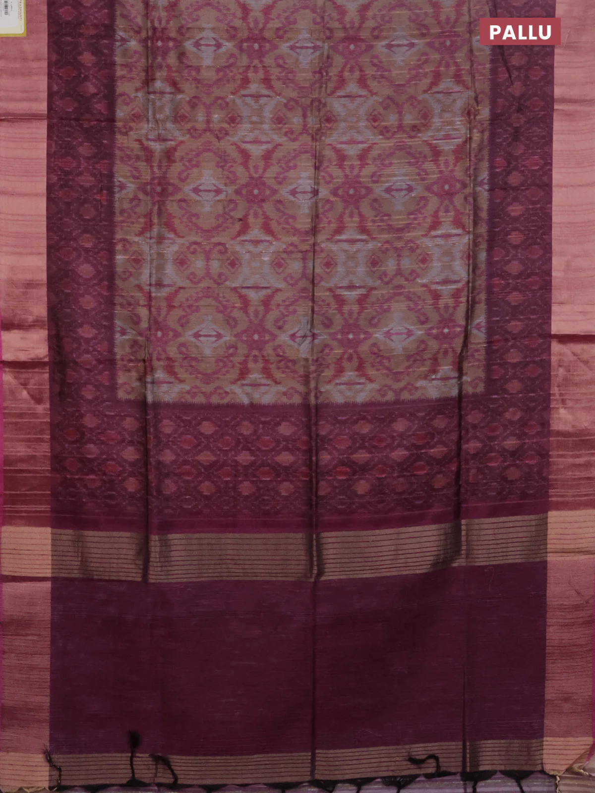 Semi matka saree pastel brown and pink with allover ikat prints and zari woven border - Image 3