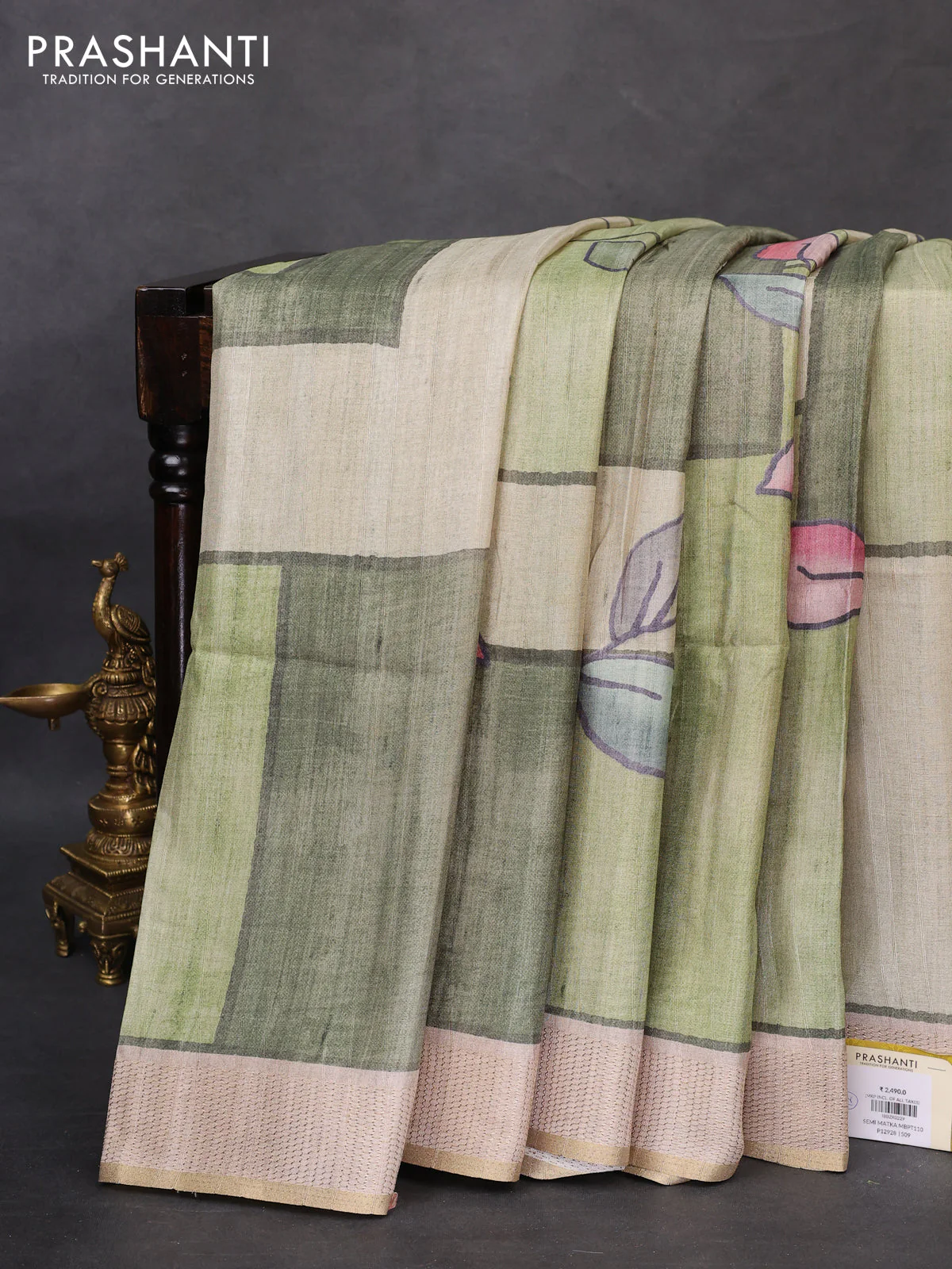Semi matka saree pastel green and green beige with allover geometric prints and zari woven border - Image 2