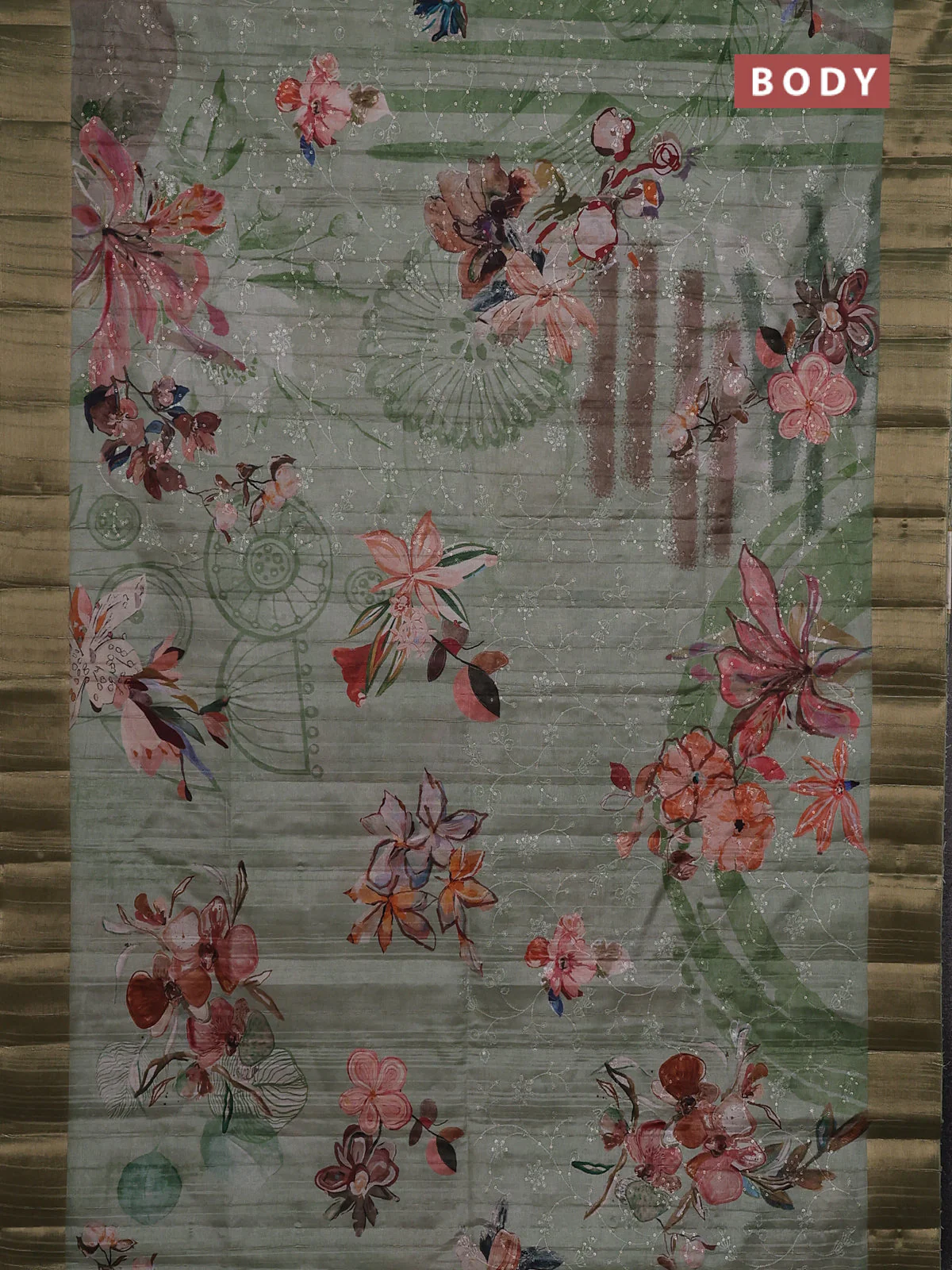 Semi matka saree pastel green with allover floral prints & sequence work and zari woven border - Image 2