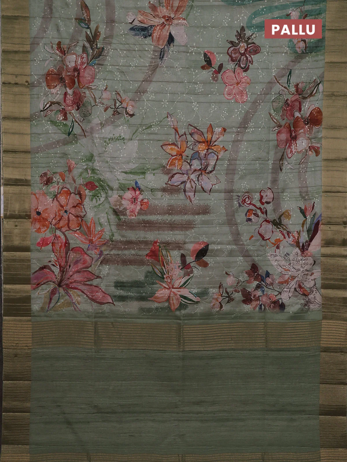 Semi matka saree pastel green with allover floral prints & sequence work and zari woven border - Image 3
