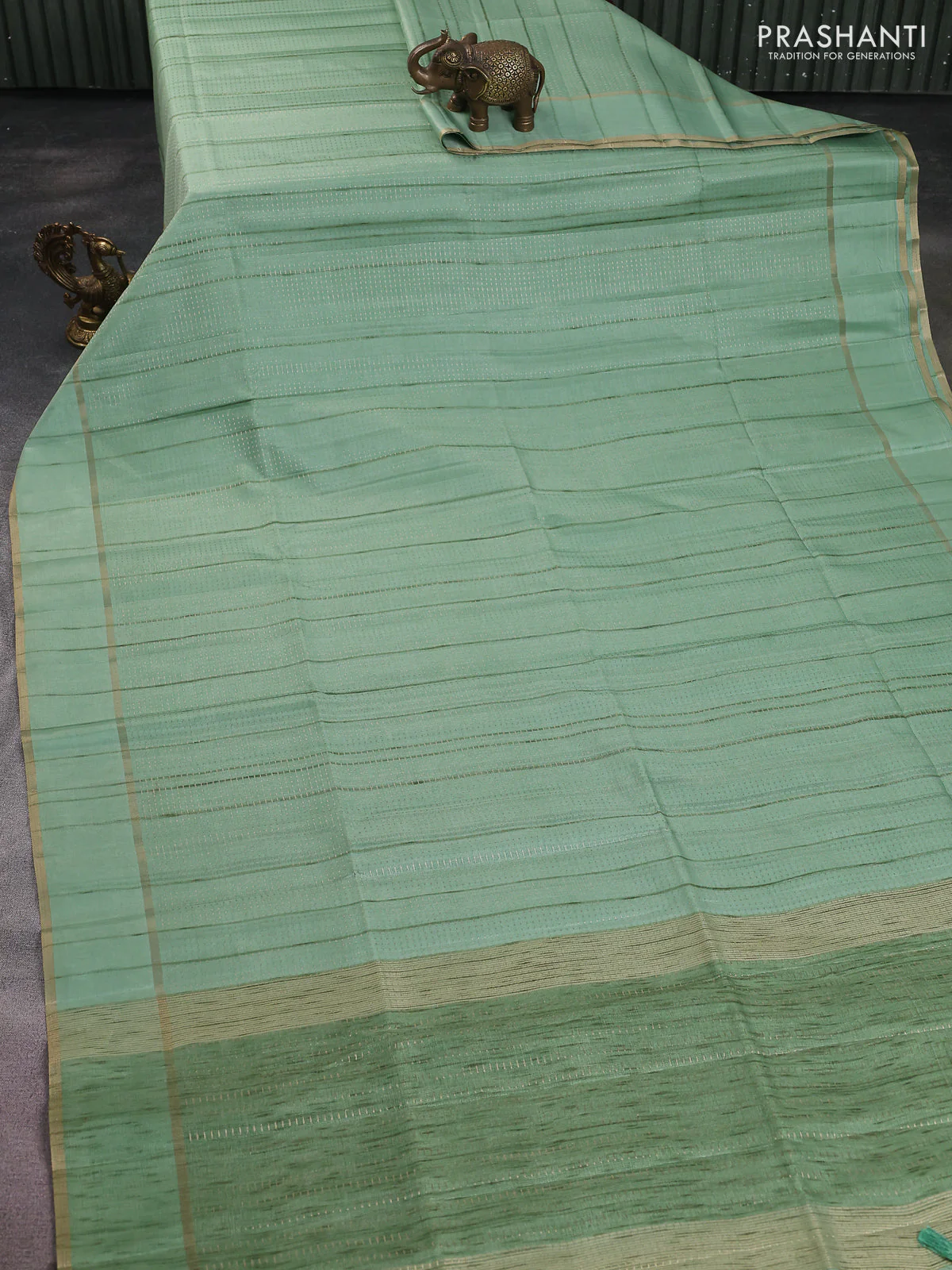 Semi matka saree pastel green with allover zari weaves and rettapet zari woven border - Image 2