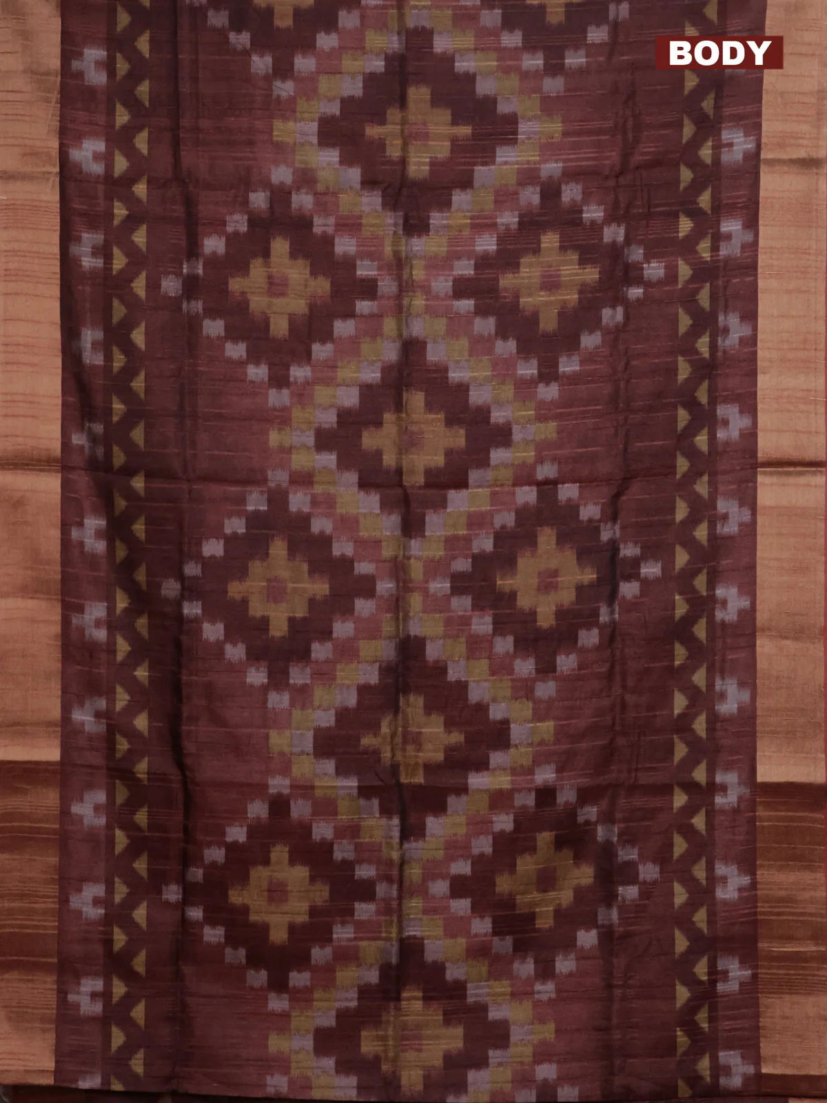 Semi matka saree pastel maroon with allover ikat prints and zari woven border - Image 2