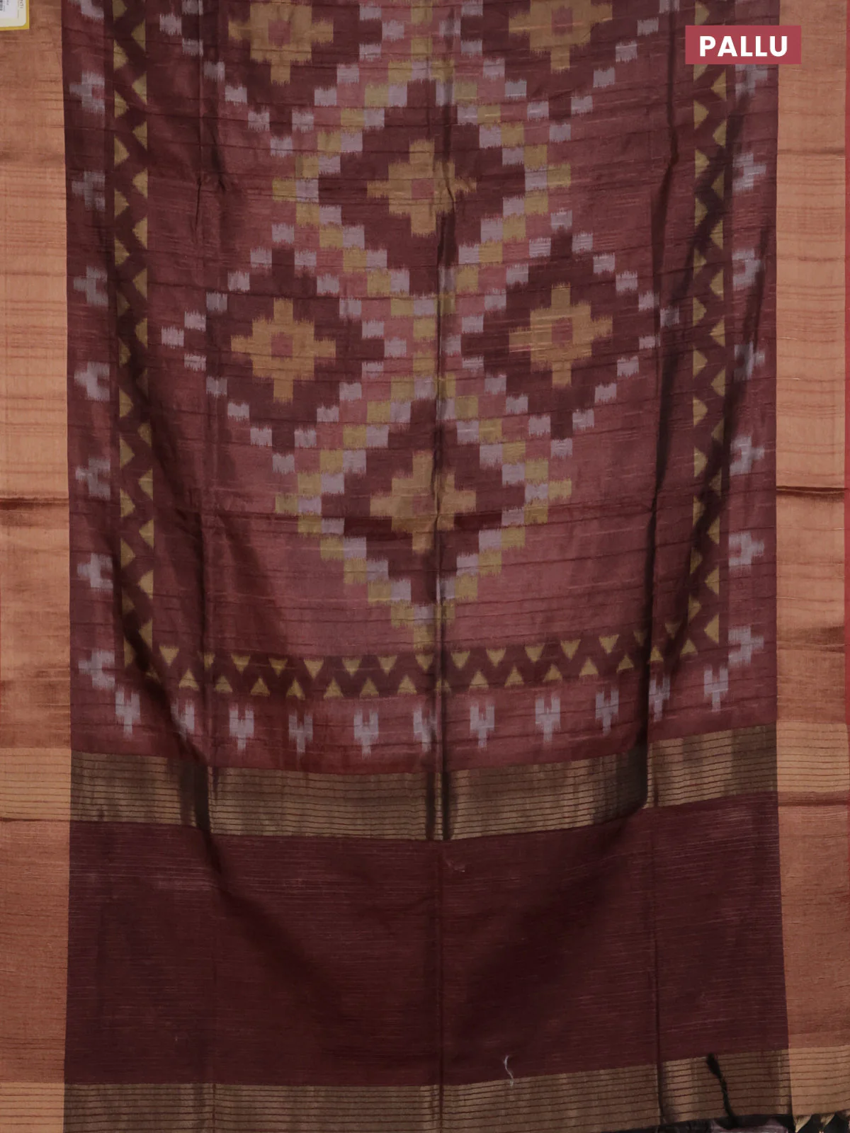 Semi matka saree pastel maroon with allover ikat prints and zari woven border - Image 3