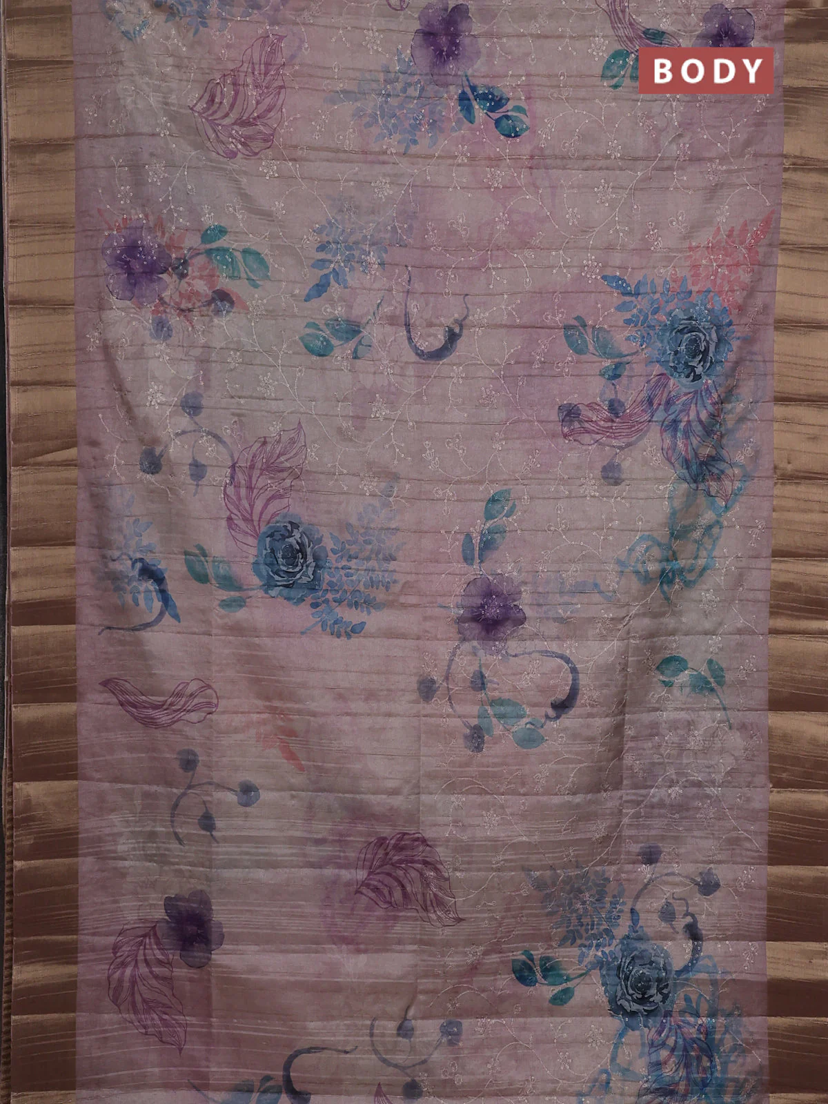 Semi matka saree pastel pink with allover floral prints & sequence work and zari woven border - Image 2