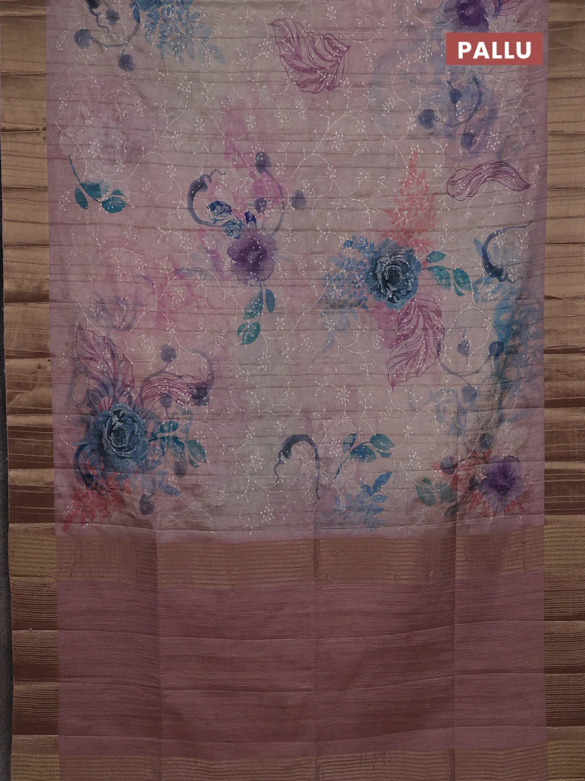 Semi matka saree pastel pink with allover floral prints & sequence work and zari woven border - Image 3