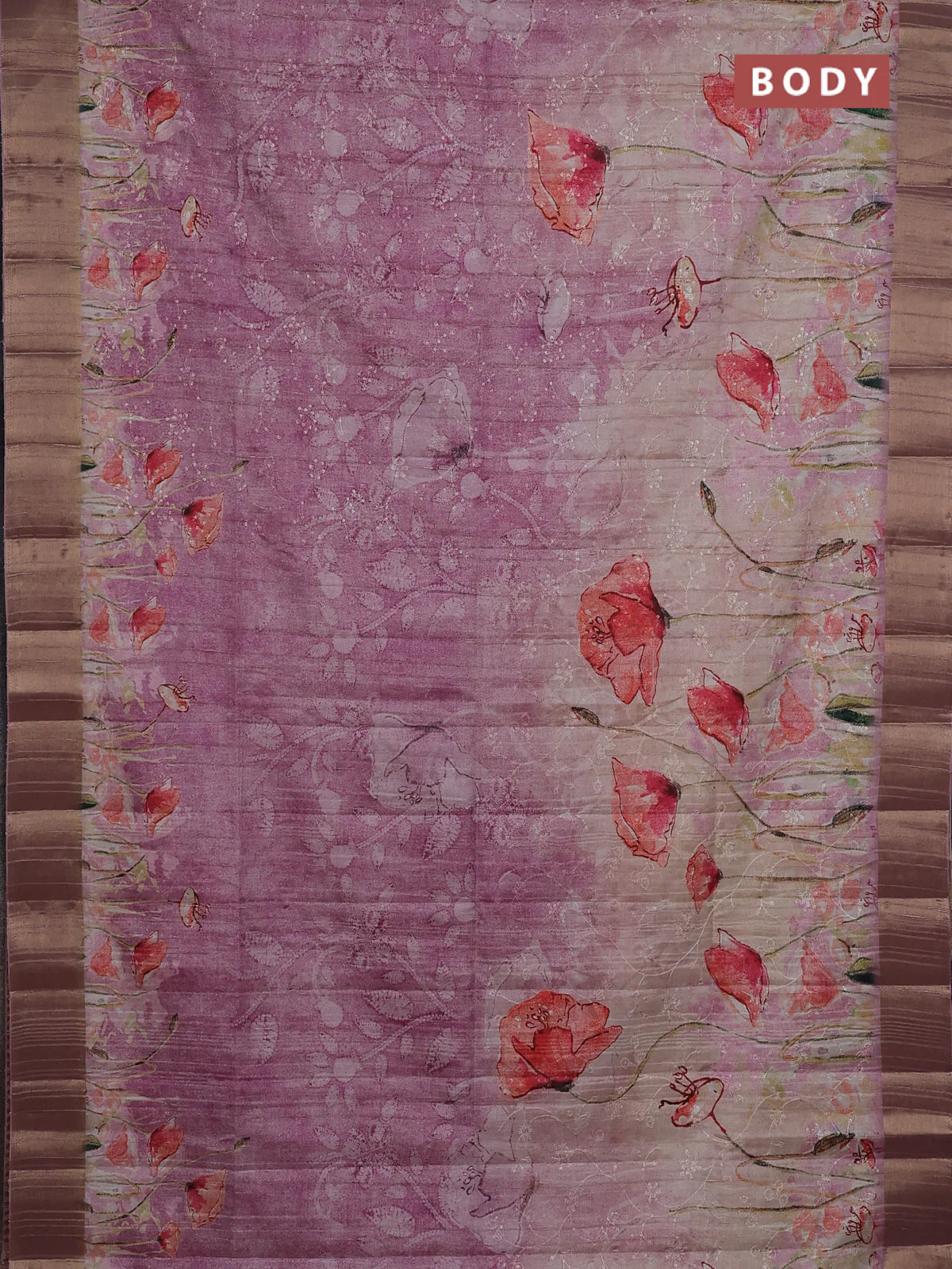 Semi matka saree pastel pink with allover floral prints & sequence work and zari woven border - Image 2