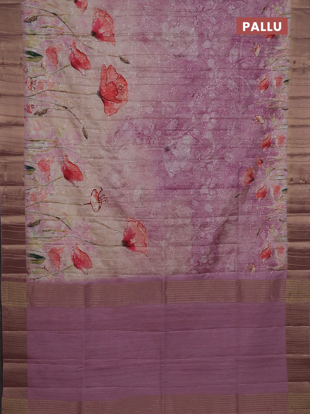 Semi matka saree pastel pink with allover floral prints & sequence work and zari woven border - Image 3