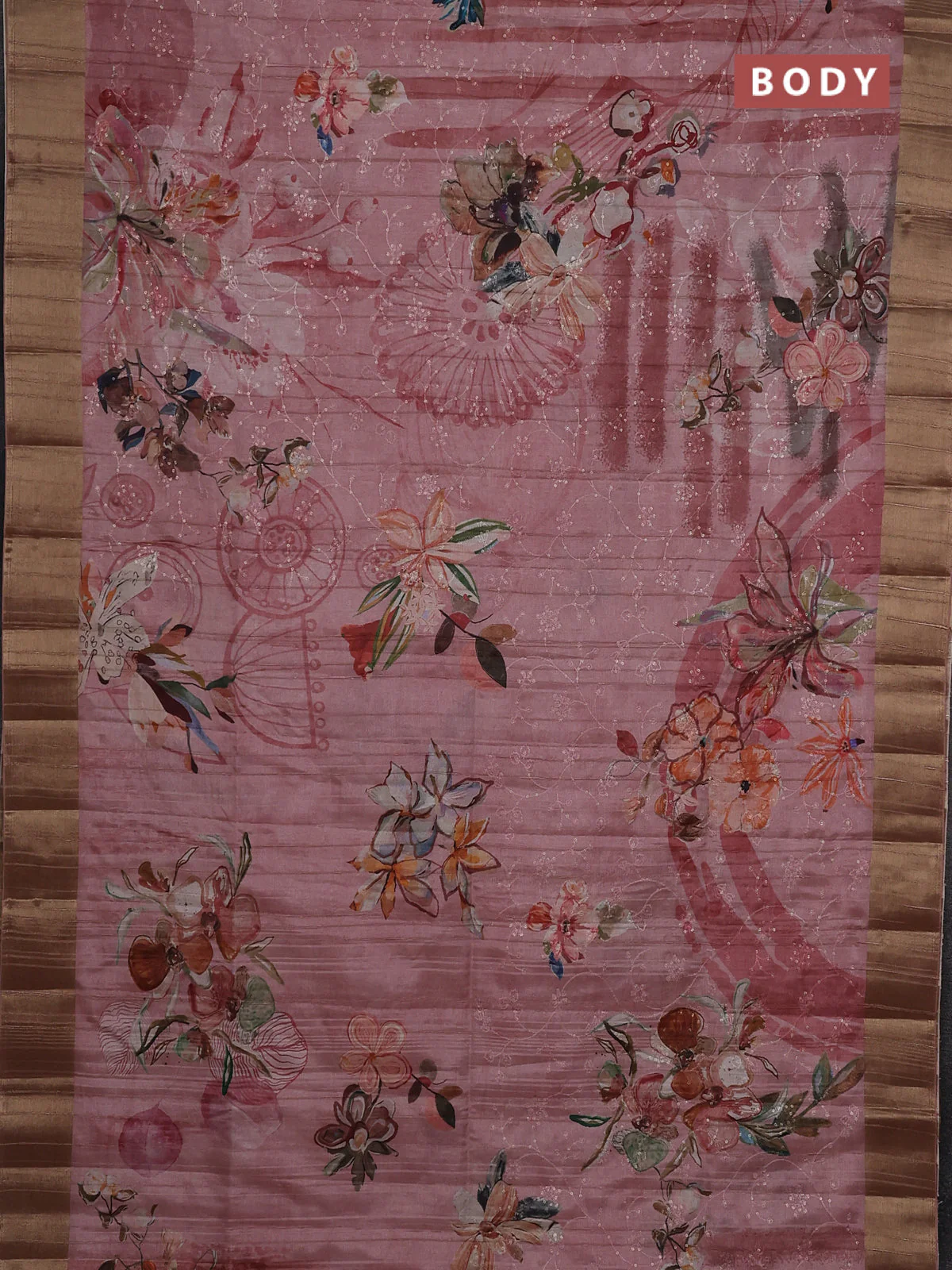 Semi matka saree pastel pink with allover floral prints & sequence work and zari woven border - Image 2