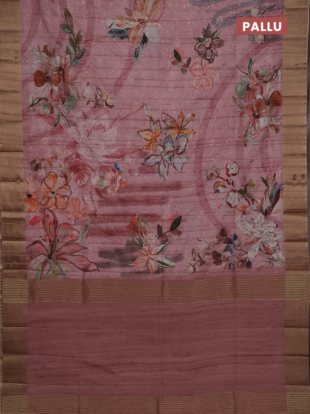 Semi matka saree pastel pink with allover floral prints & sequence work and zari woven border - Image 3