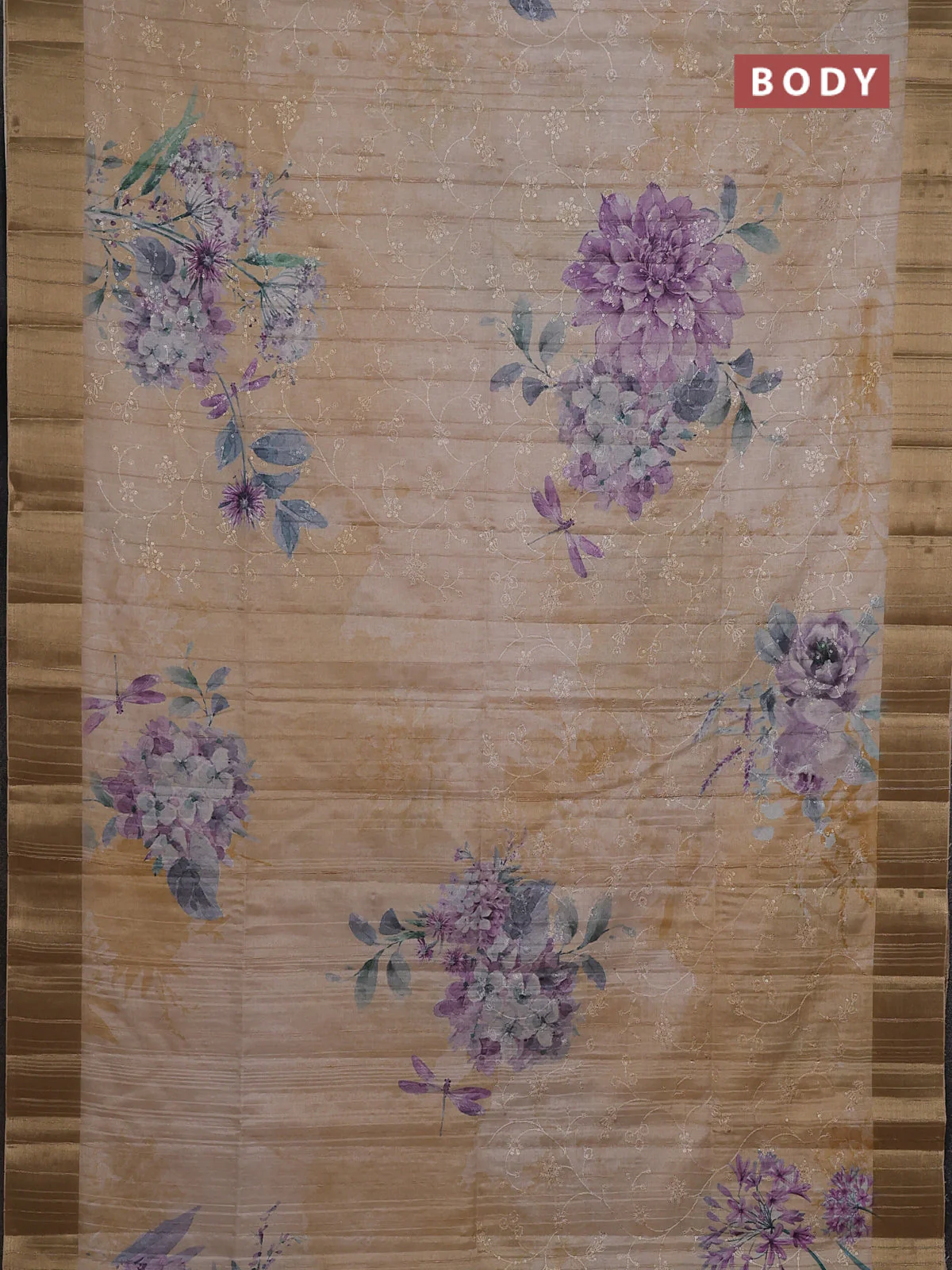 Semi matka saree pastel purple and sandal with allover floral prints & sequence work and zari woven border - Image 2