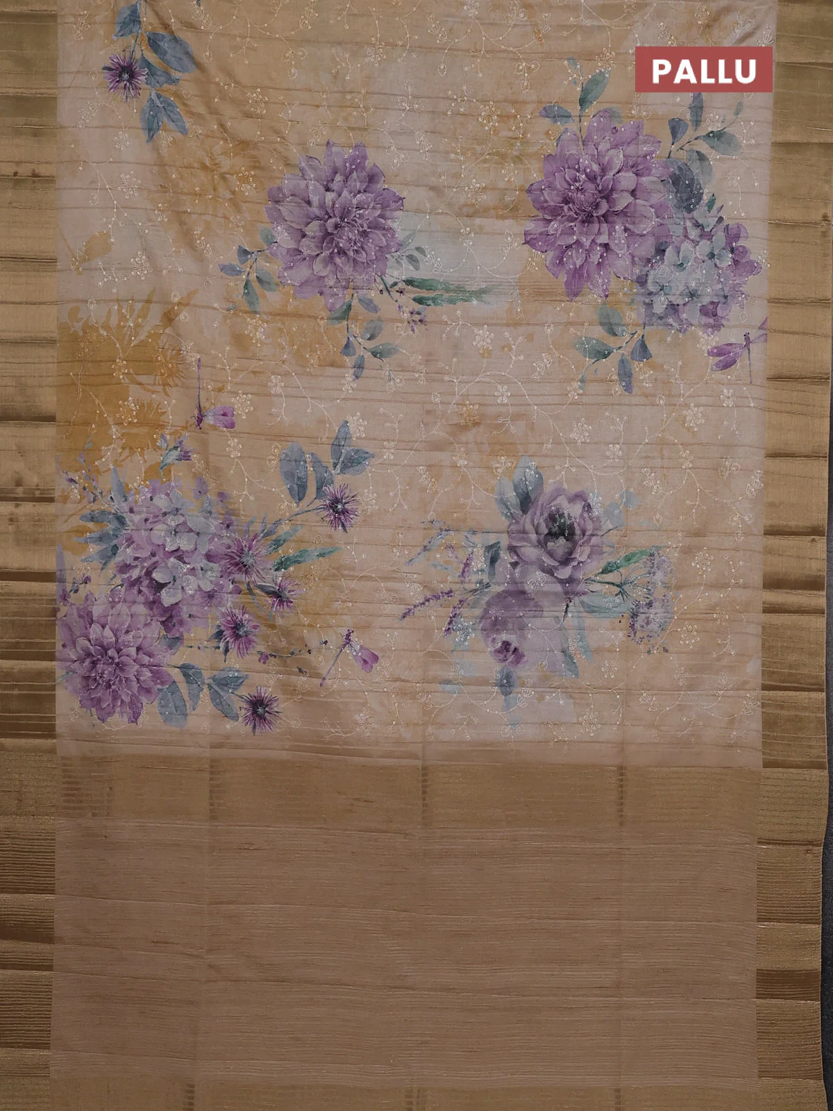 Semi matka saree pastel purple and sandal with allover floral prints & sequence work and zari woven border - Image 3