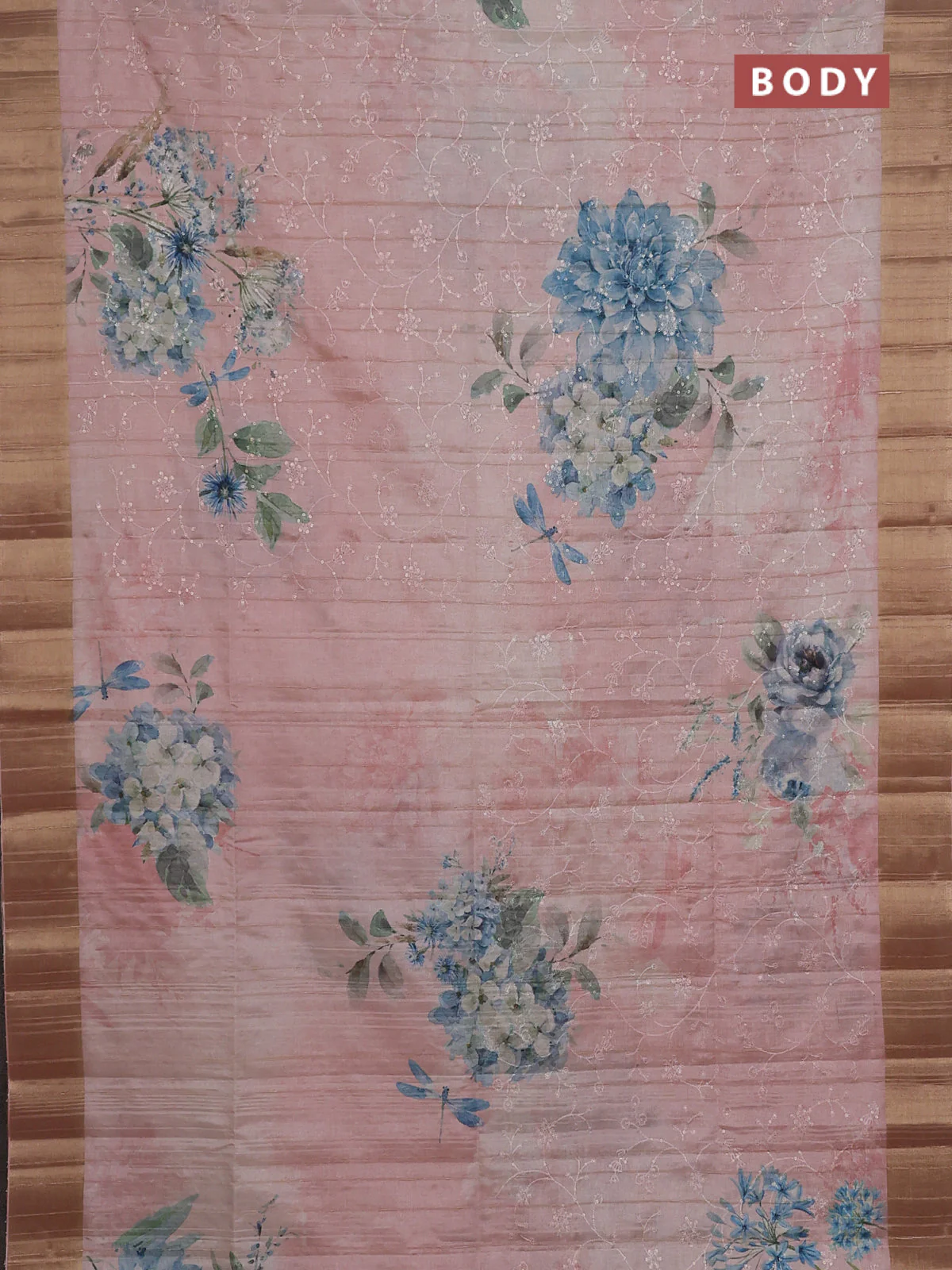 Semi matka saree peach shade with allover floral prints & sequence work and zari woven border - Image 2