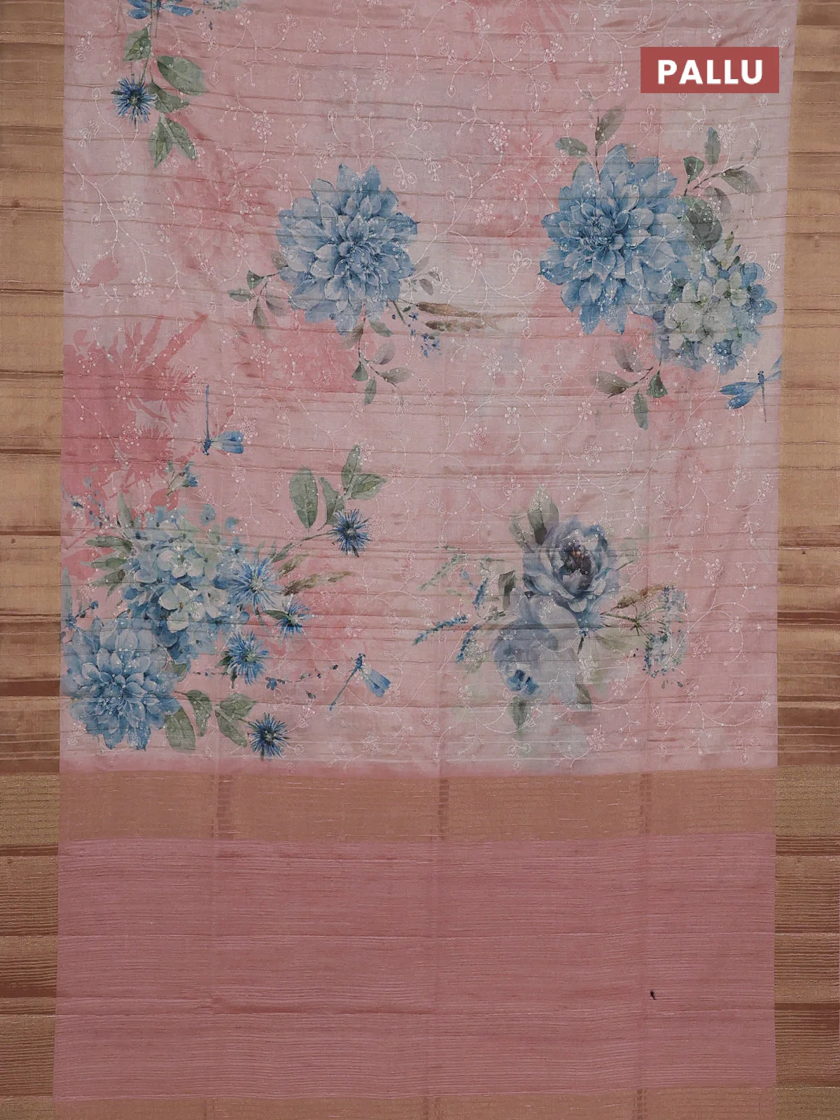 Semi matka saree peach shade with allover floral prints & sequence work and zari woven border - Image 3