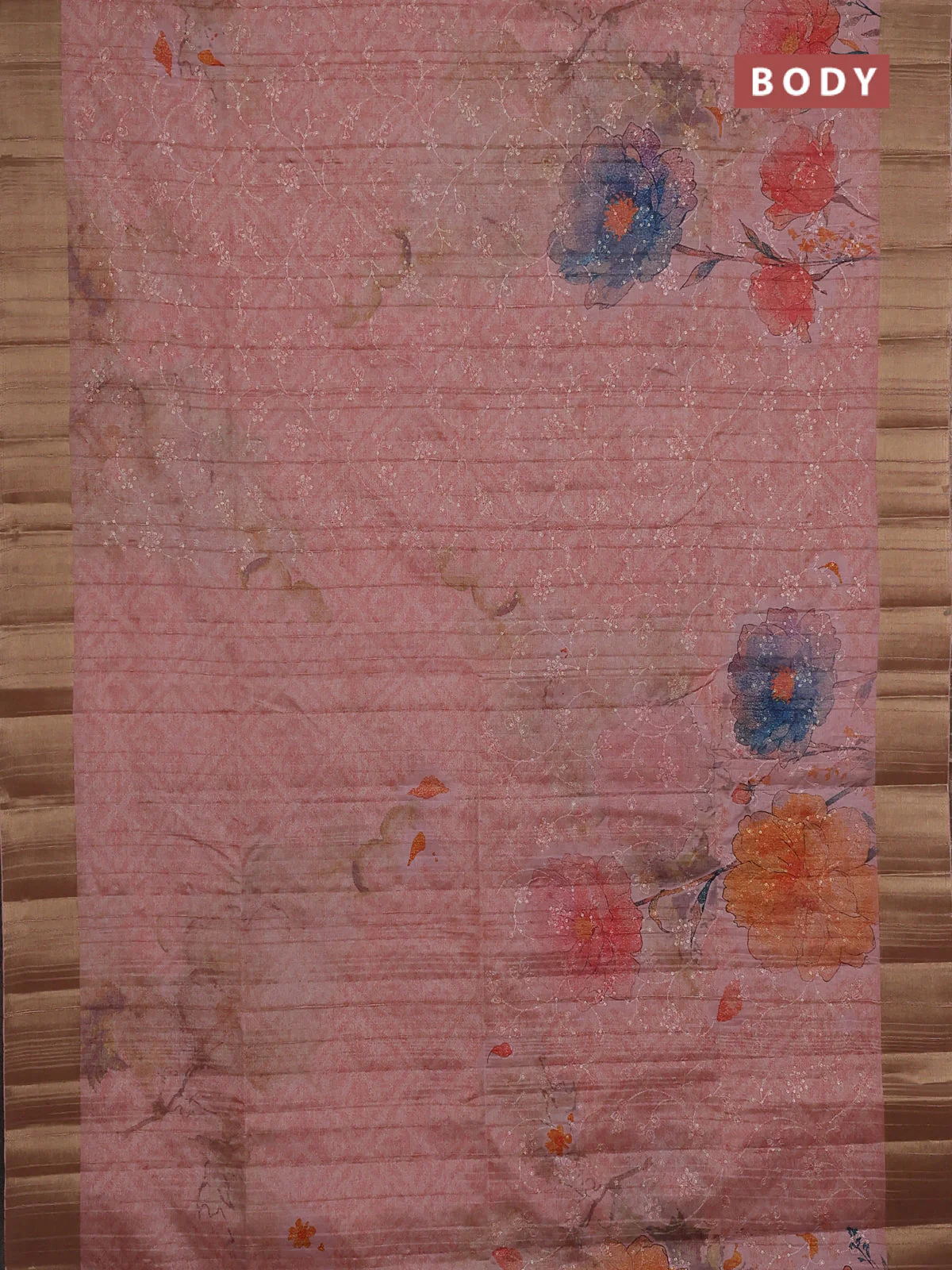 Semi matka saree peach shade with allover floral prints & sequence work and zari woven border - Image 2